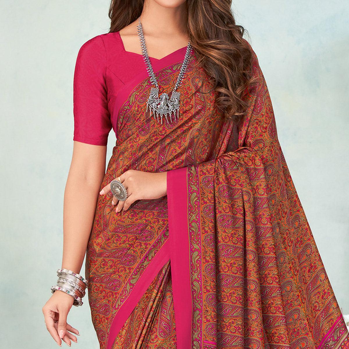 Rose Pink-Orange Printed Raw Silk Saree - Peachmode
