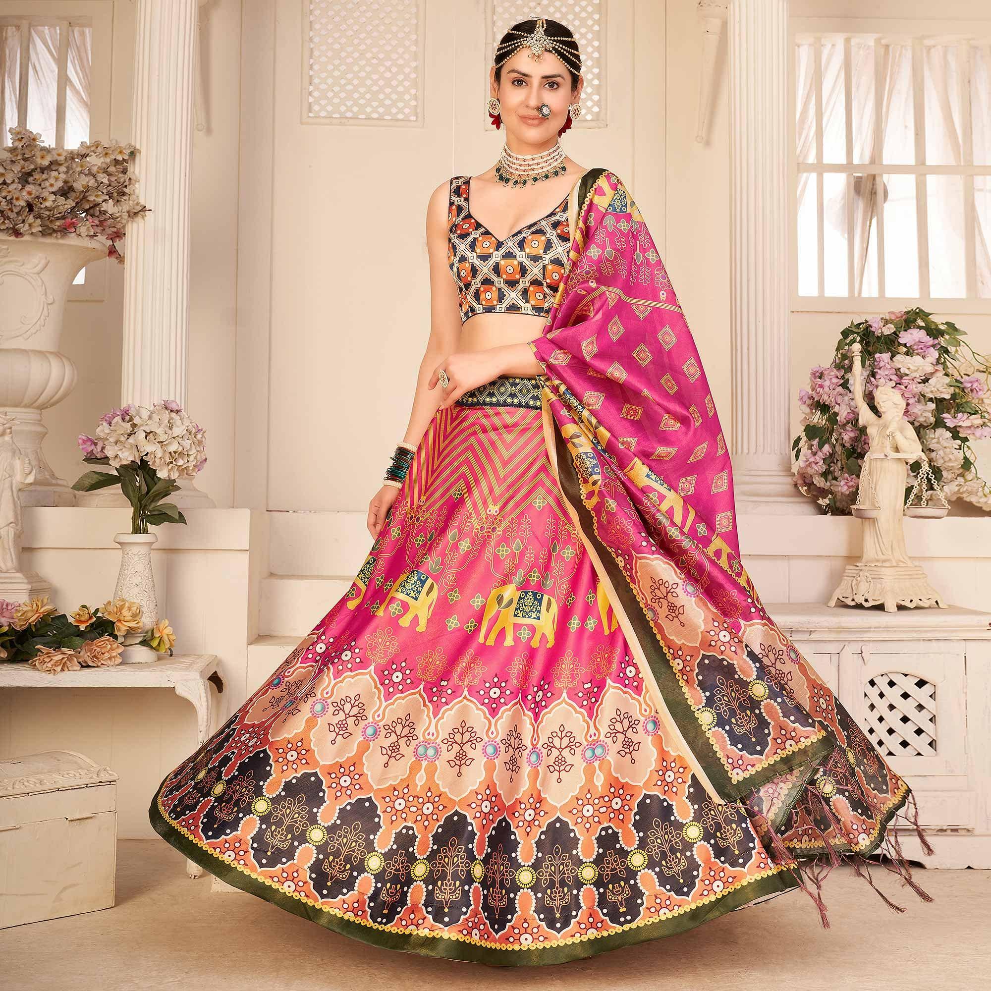Rose Pink Party Wear Digital Printed Silk Lehenga Choli - Peachmode