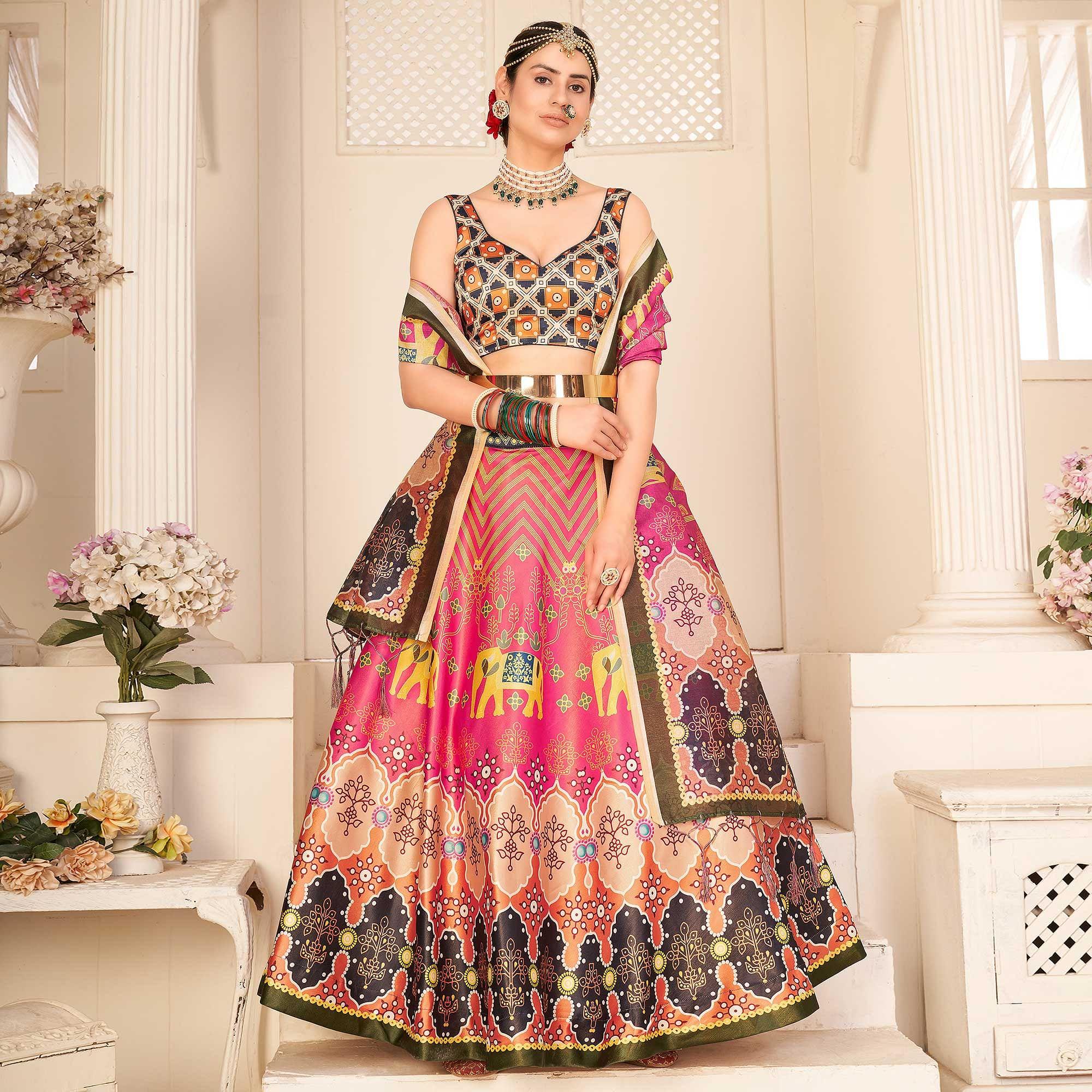 Rose Pink Party Wear Digital Printed Silk Lehenga Choli - Peachmode