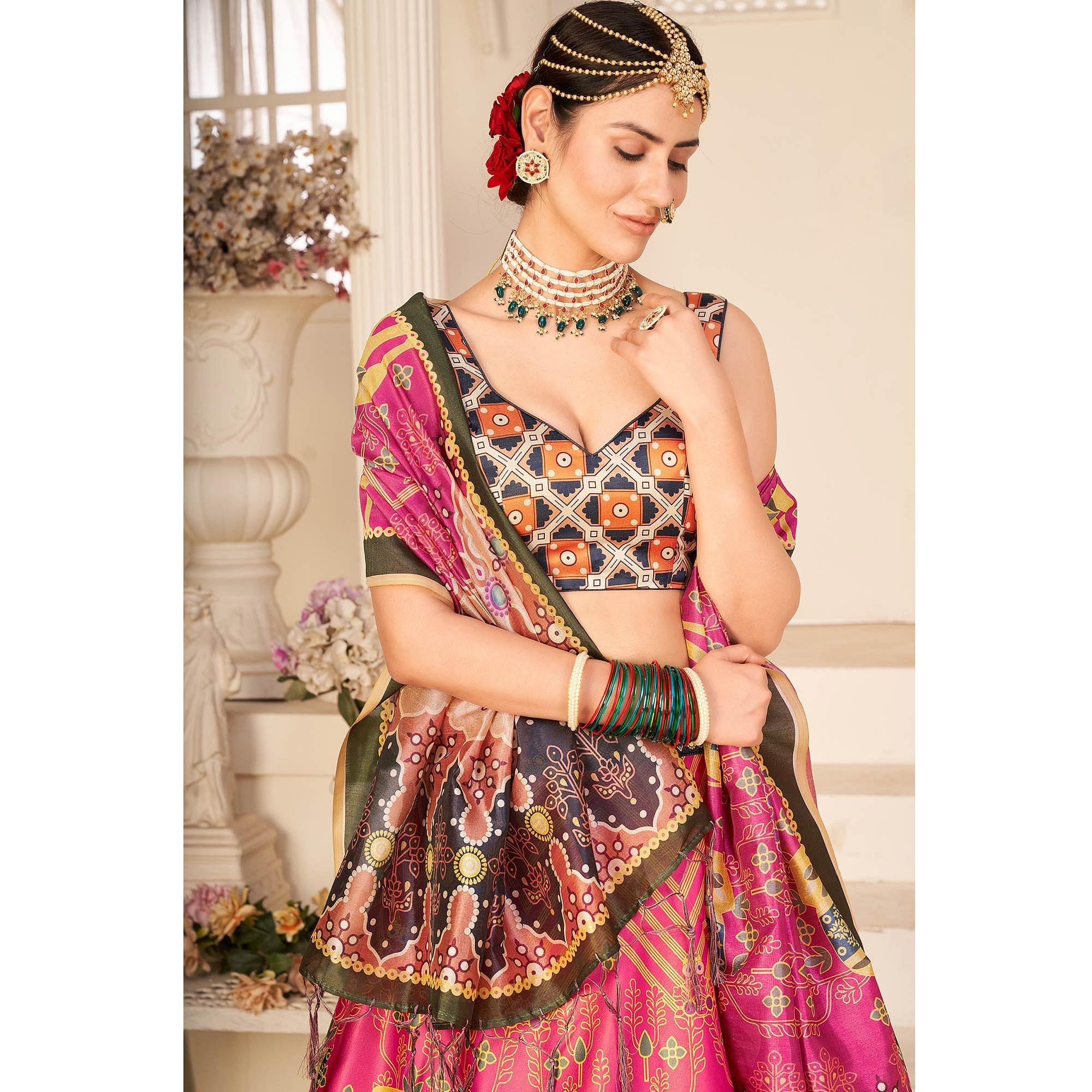 Rose Pink Party Wear Digital Printed Silk Lehenga Choli - Peachmode