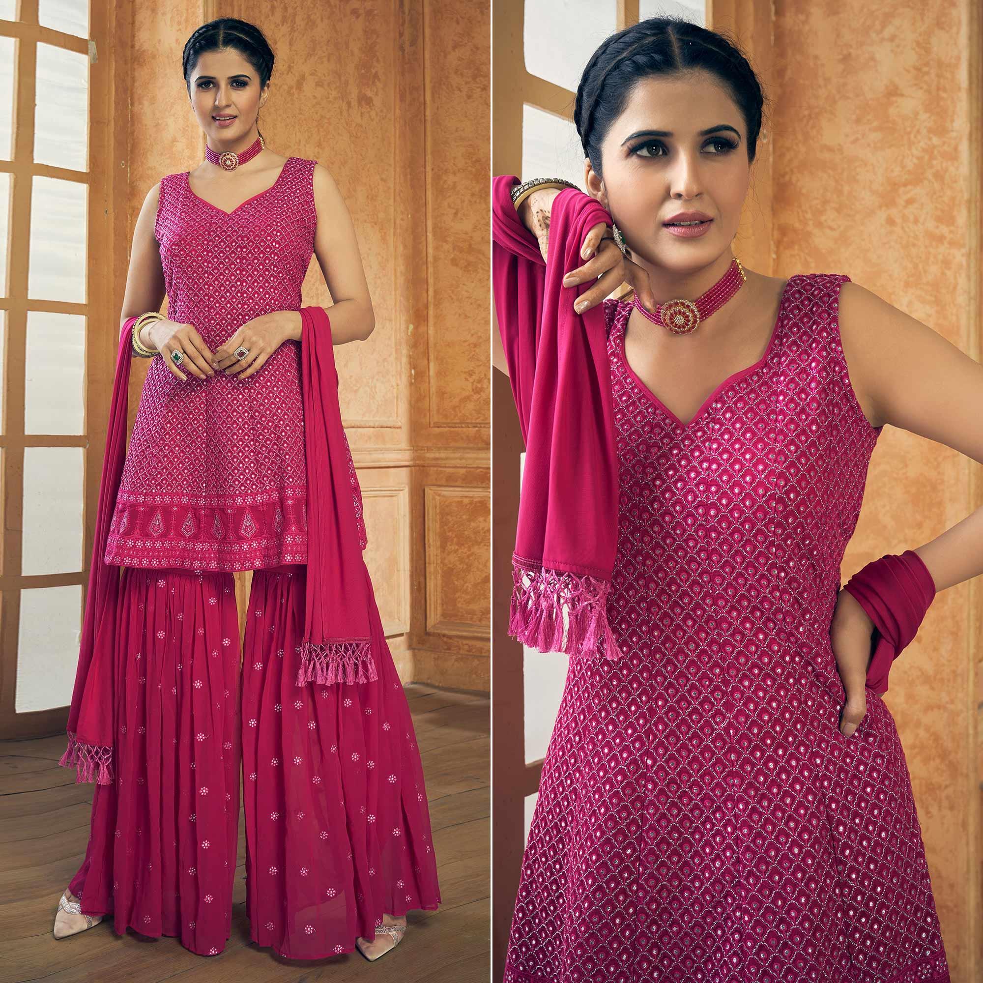 Rose Pink Party Wear Embroiddered Georgette Sharara Suit - Peachmode