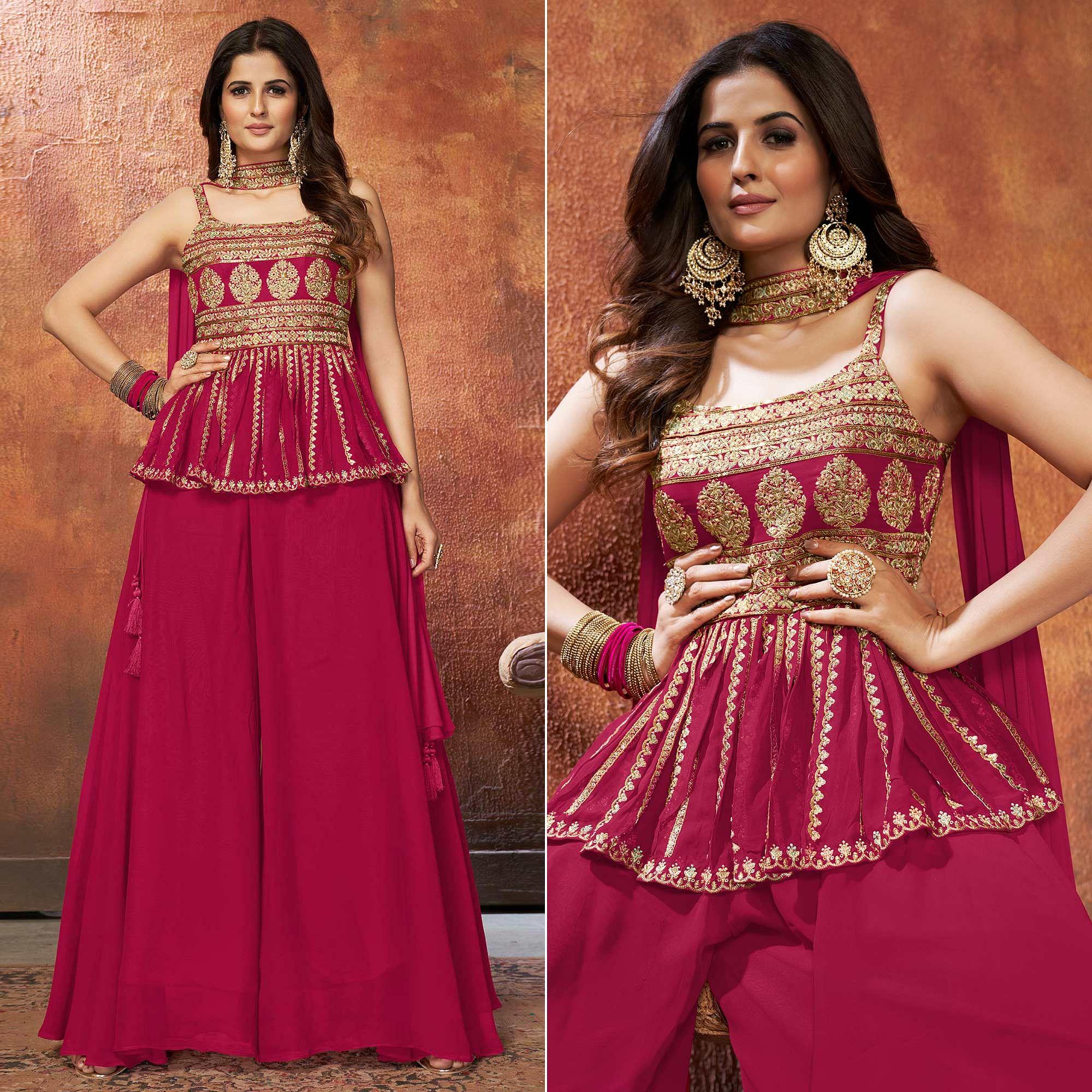 Rose Pink Party Wear Embroiddered Georgette Sharara Suit - Peachmode