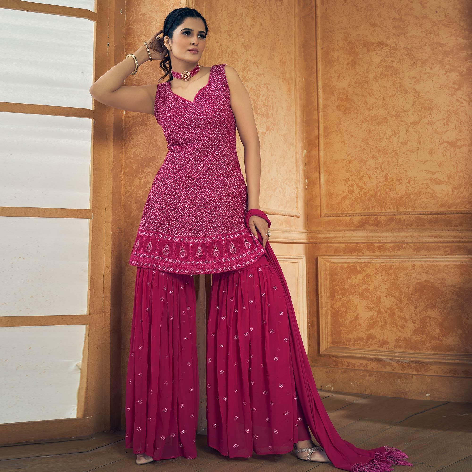 Rose Pink Party Wear Embroiddered Georgette Sharara Suit - Peachmode