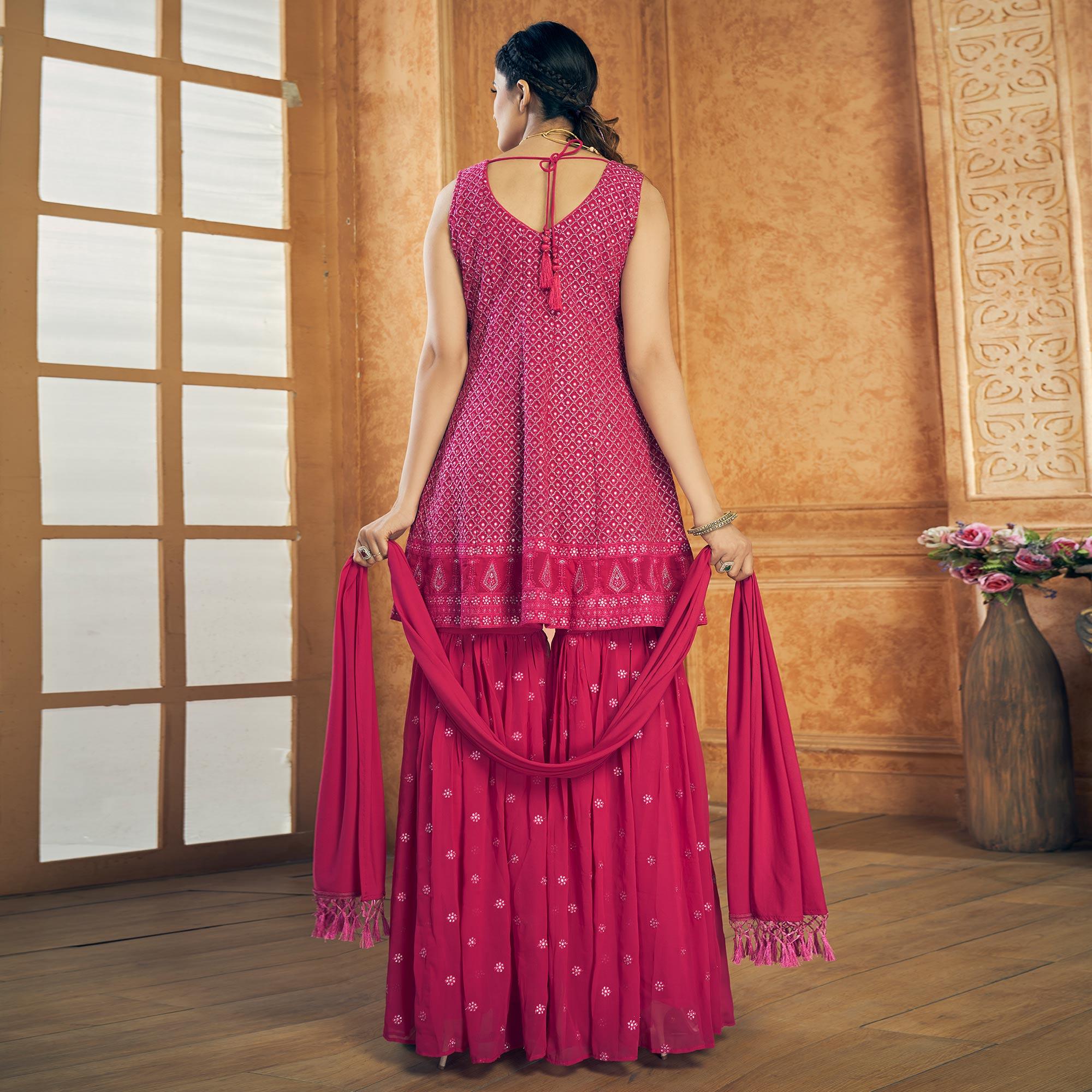 Rose Pink Party Wear Embroiddered Georgette Sharara Suit - Peachmode
