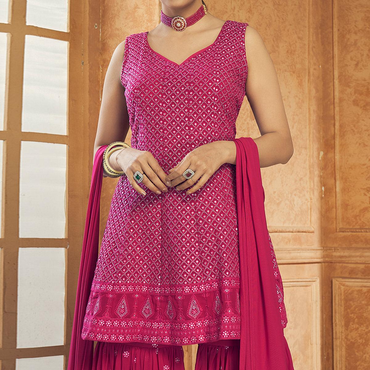 Rose Pink Party Wear Embroiddered Georgette Sharara Suit - Peachmode