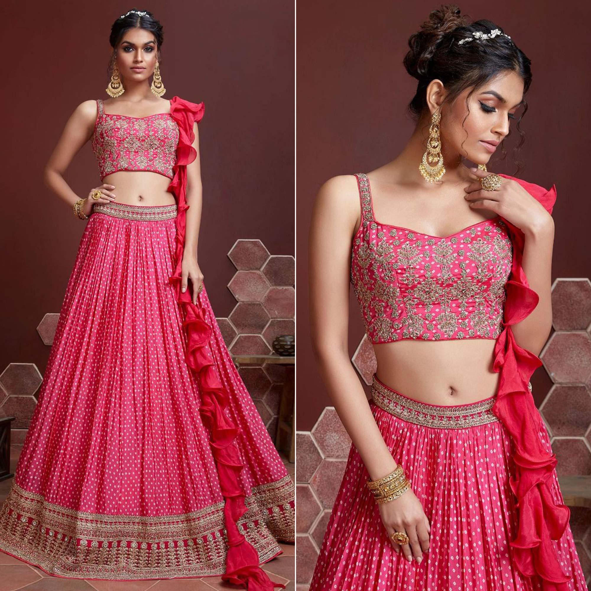 Rose Pink Party Wear Embroidered & embellished Chiffon Lehenga Choli - Peachmode