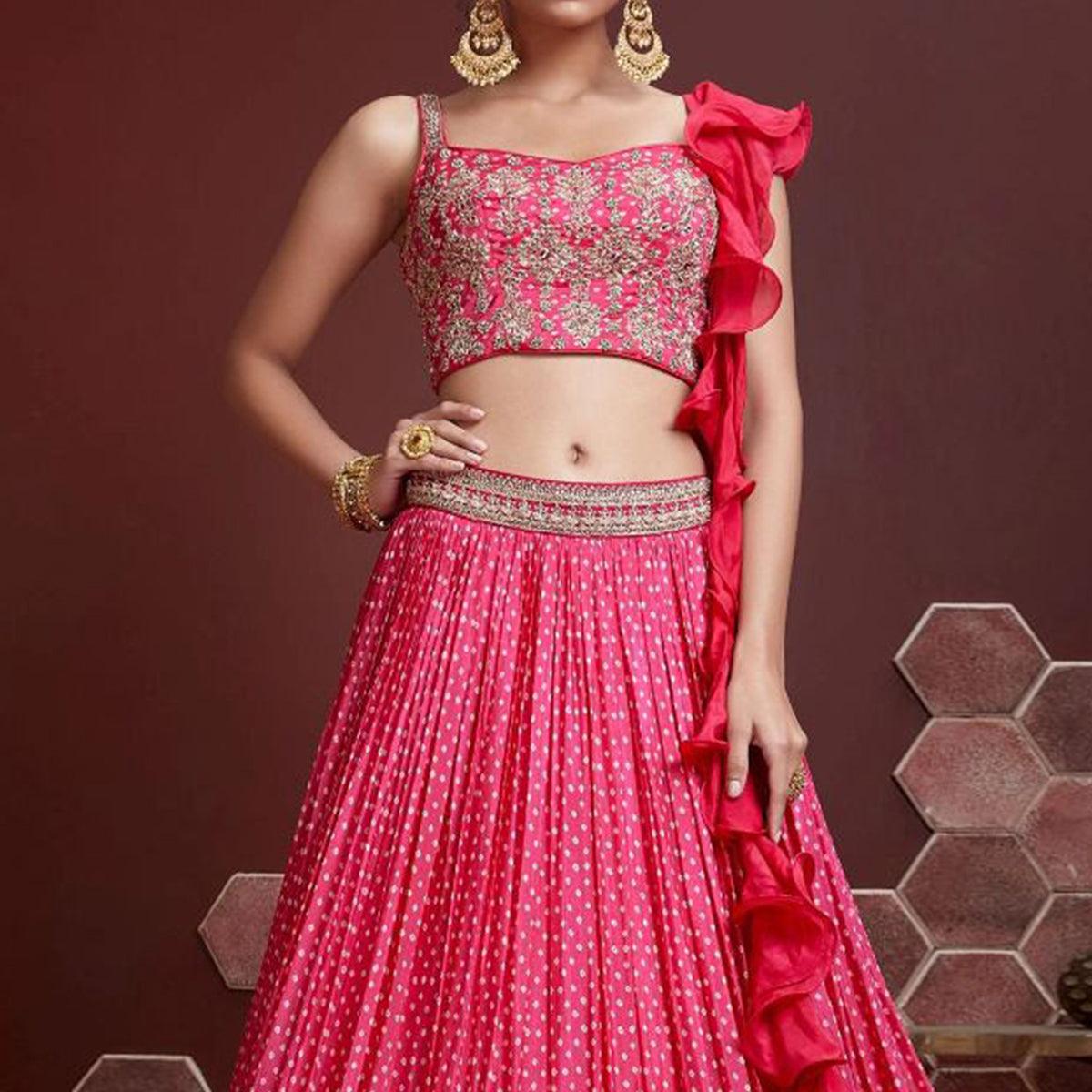 Rose Pink Party Wear Embroidered & embellished Chiffon Lehenga Choli - Peachmode