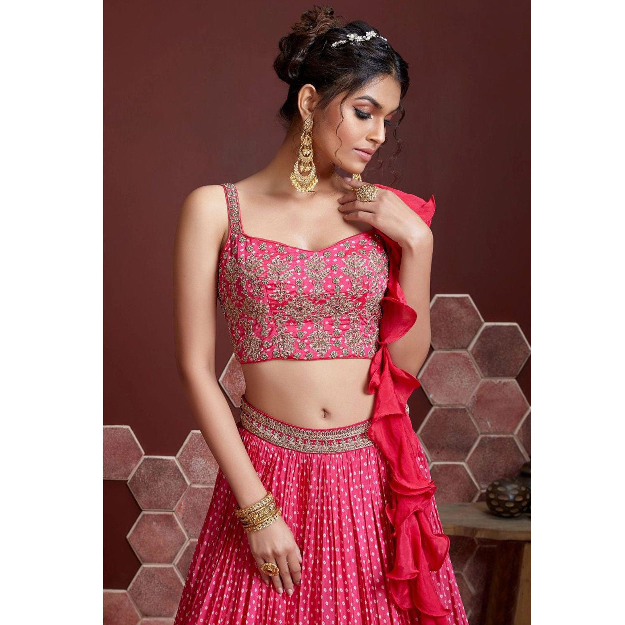 Rose Pink Party Wear Embroidered & embellished Chiffon Lehenga Choli - Peachmode