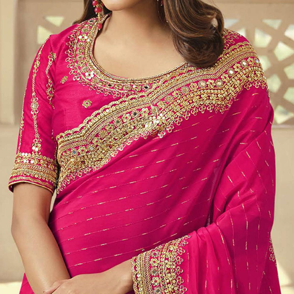 Rose Pink Party Wear Embroidered Satin Saree - Peachmode