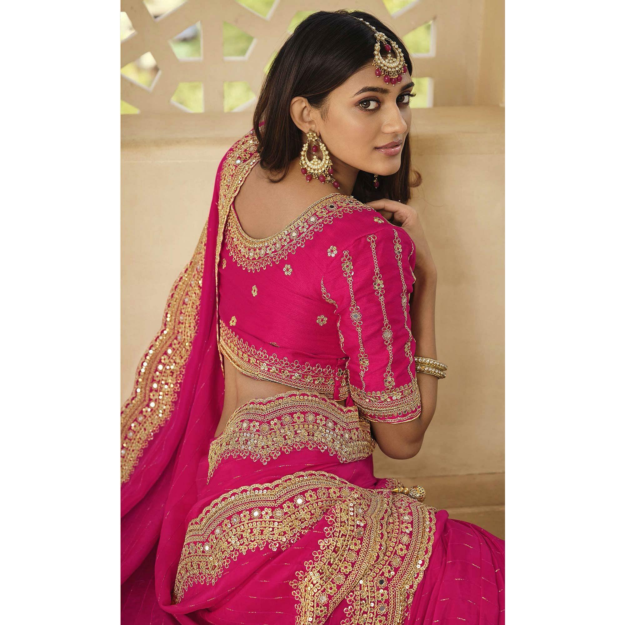Rose Pink Party Wear Embroidered Satin Saree - Peachmode
