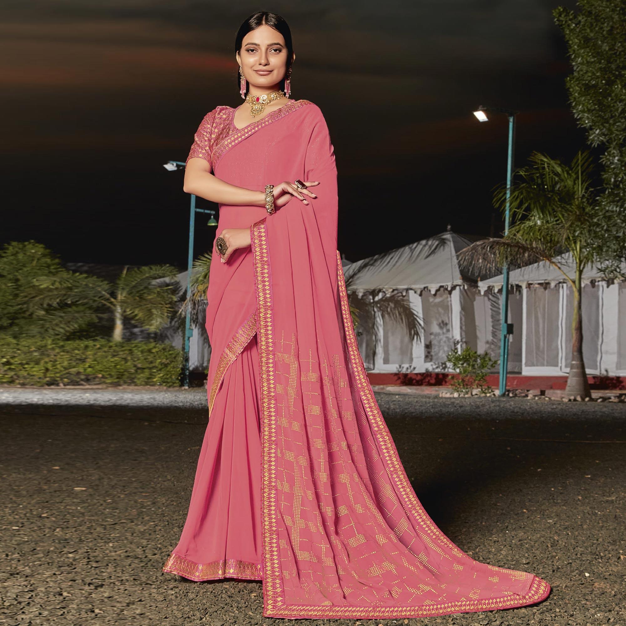 Rose Pink Partywear Embellished Georgette Saree - Peachmode