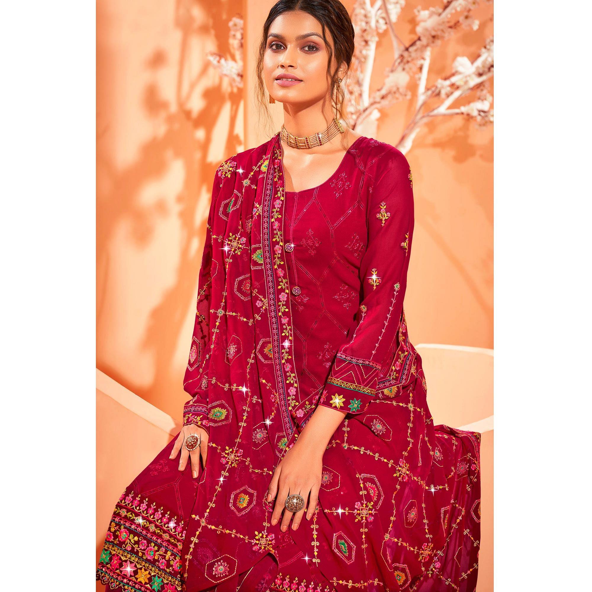 Rose Pink Partywear Embellished With Embroidered Georgette Palazzo Suit - Peachmode