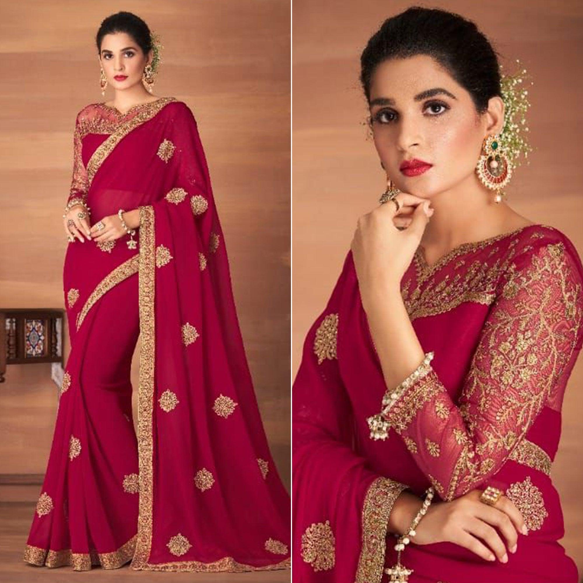 Rose Pink Partywear Embroidered Georgette Saree - Peachmode