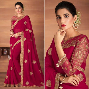 Rose Pink Partywear Embroidered Georgette Saree - Peachmode