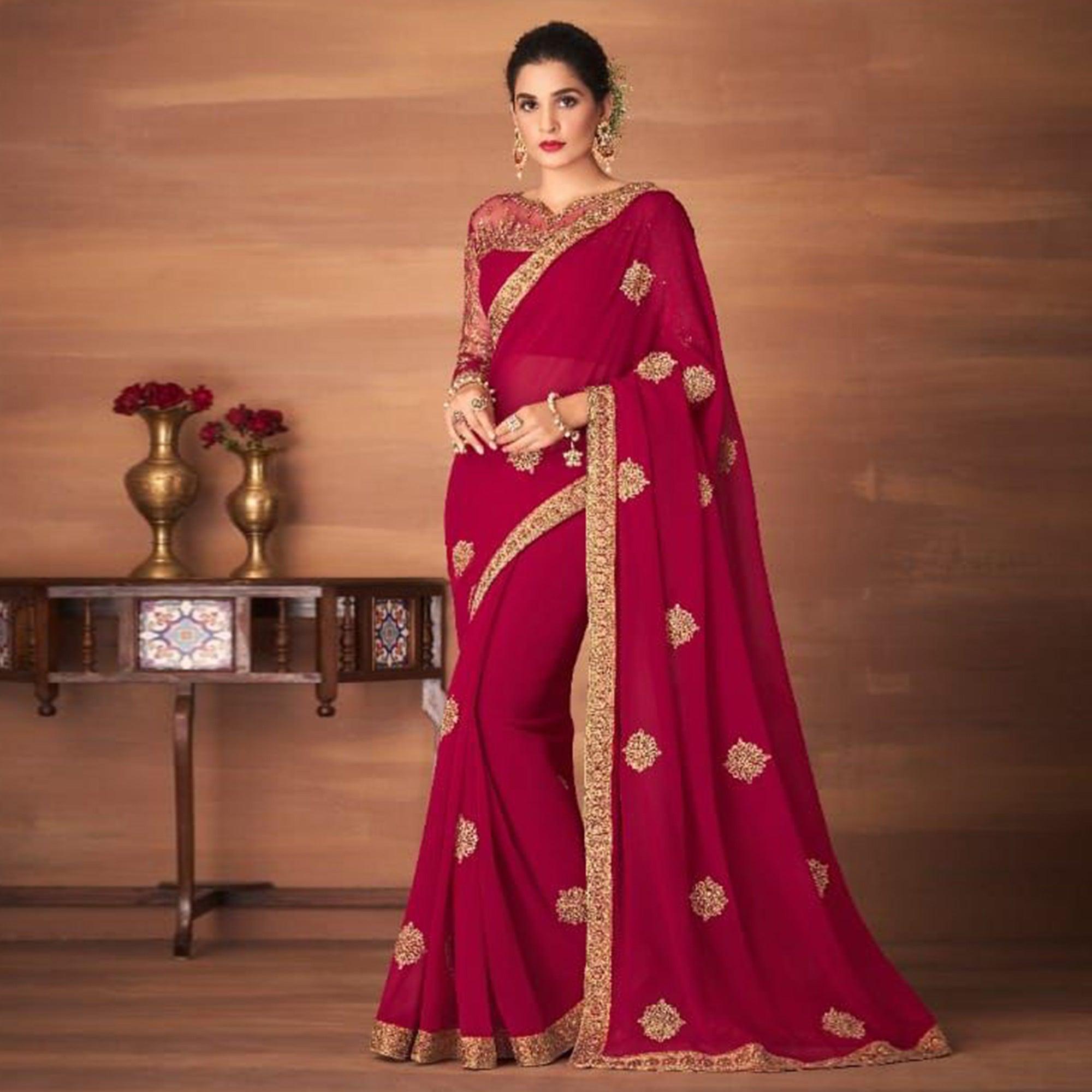Rose Pink Partywear Embroidered Georgette Saree - Peachmode