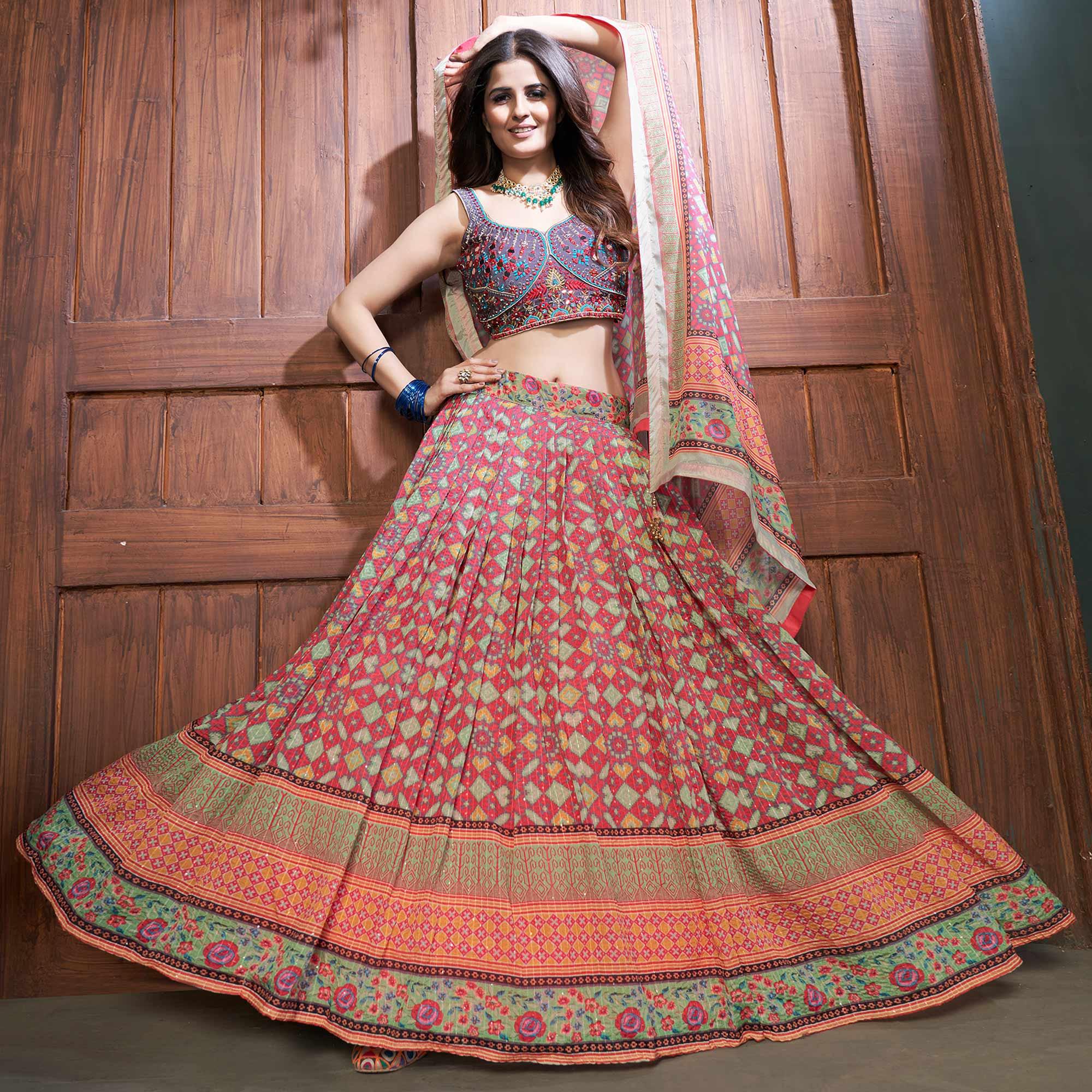 Rose Pink Partywear Resham Sequence Chiffon Lehenga Choli - Peachmode