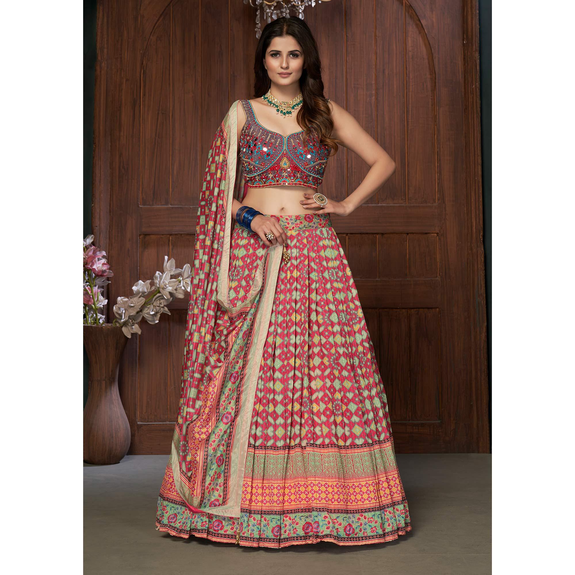 Rose Pink Partywear Resham Sequence Chiffon Lehenga Choli - Peachmode