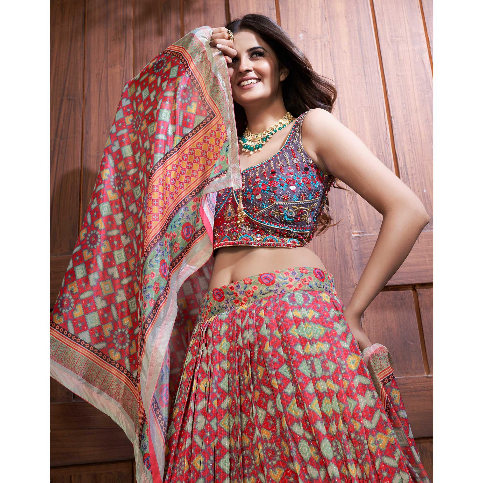 Rose Pink Partywear Resham Sequence Chiffon Lehenga Choli - Peachmode