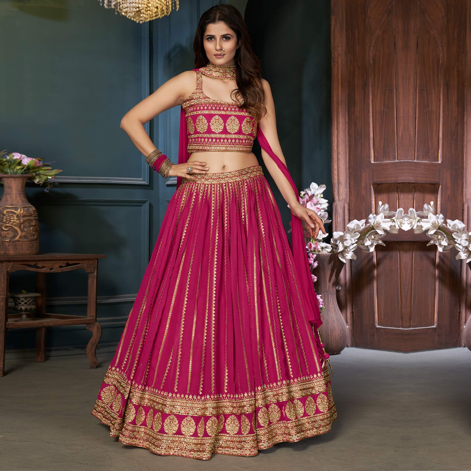 Rose Pink Partywear Zari Resham Sequence Georgette Lehenga Choli - Peachmode