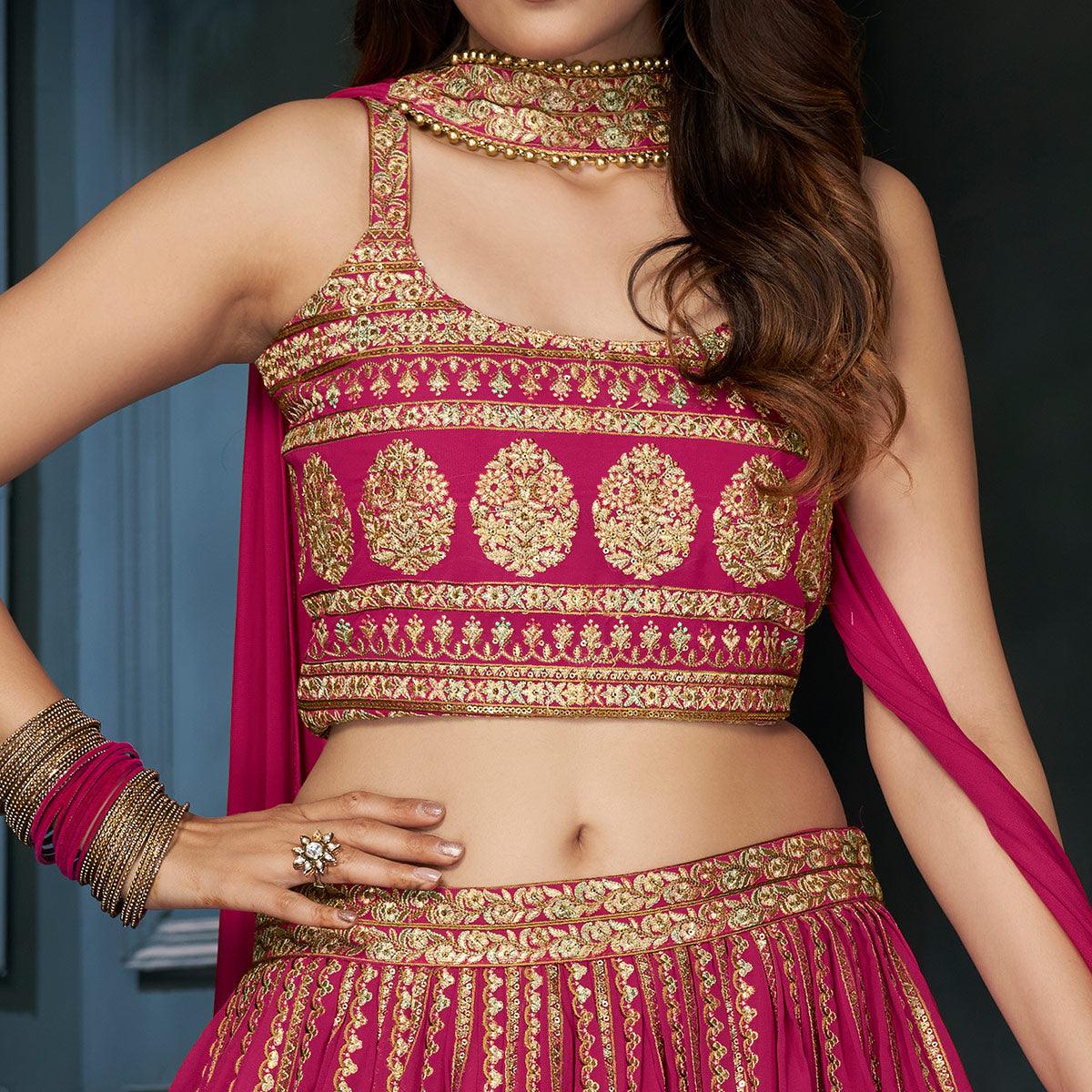 Rose Pink Partywear Zari Resham Sequence Georgette Lehenga Choli - Peachmode