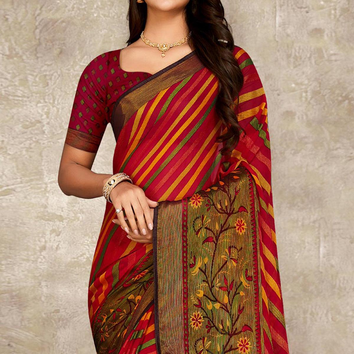 Rose Pink Printed Brasso Saree With Tassels - Peachmode