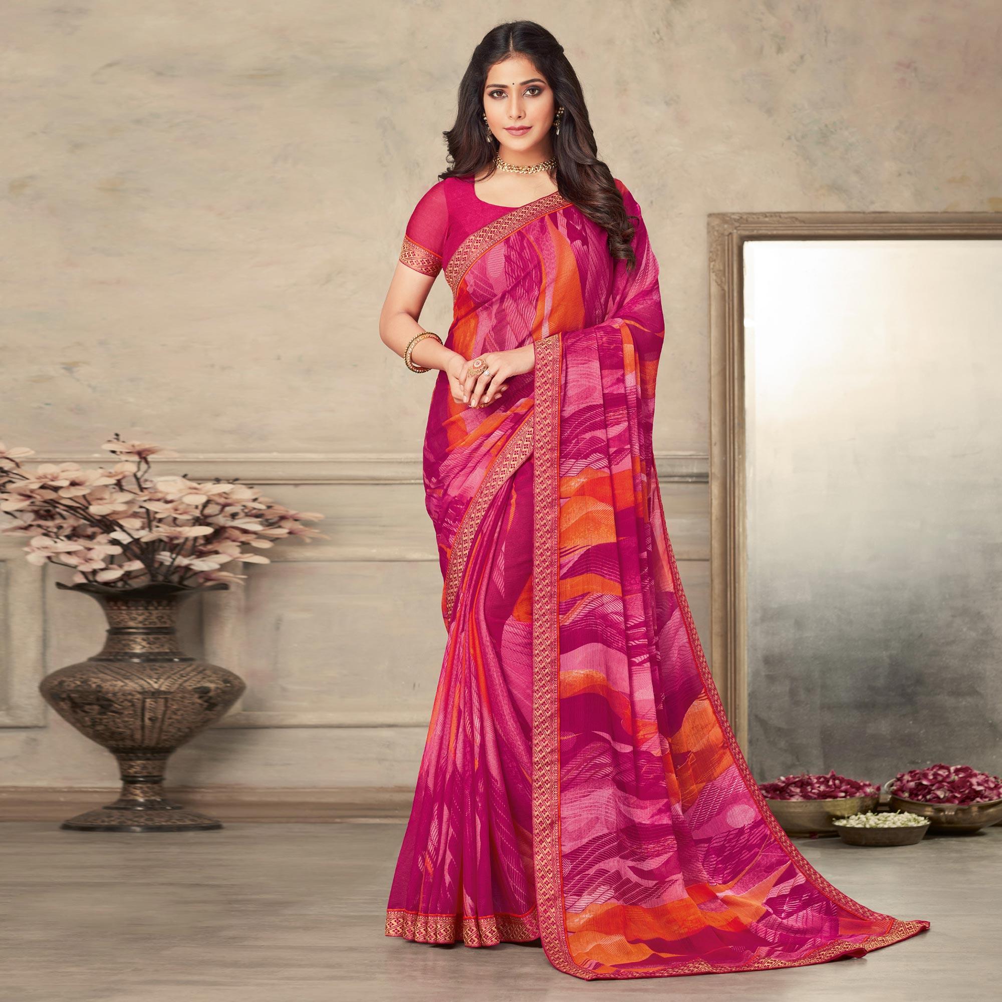 Rose Pink Printed Chiffon Saree - Peachmode