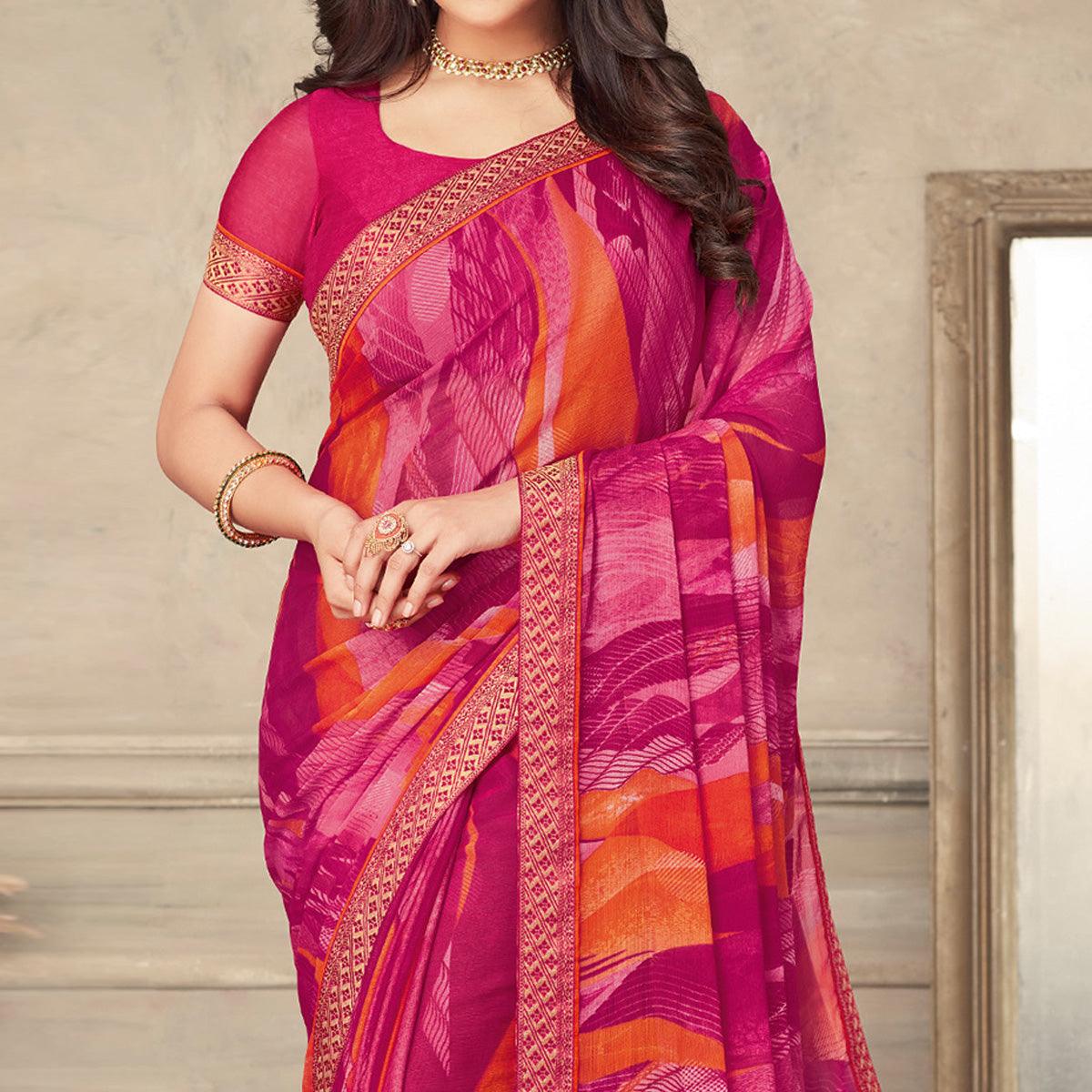 Rose Pink Printed Chiffon Saree - Peachmode