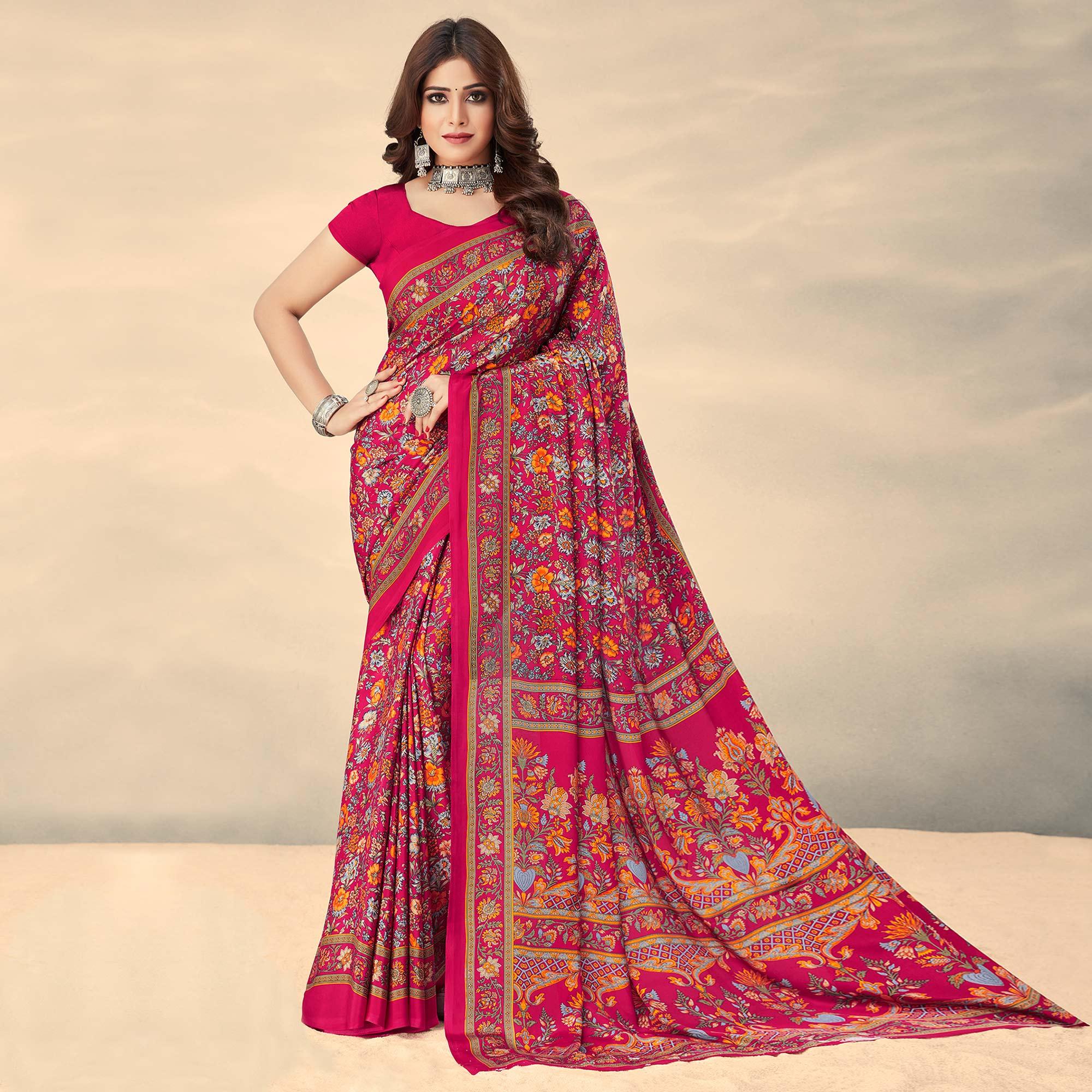 Rose Pink Printed Crepe Saree - Peachmode