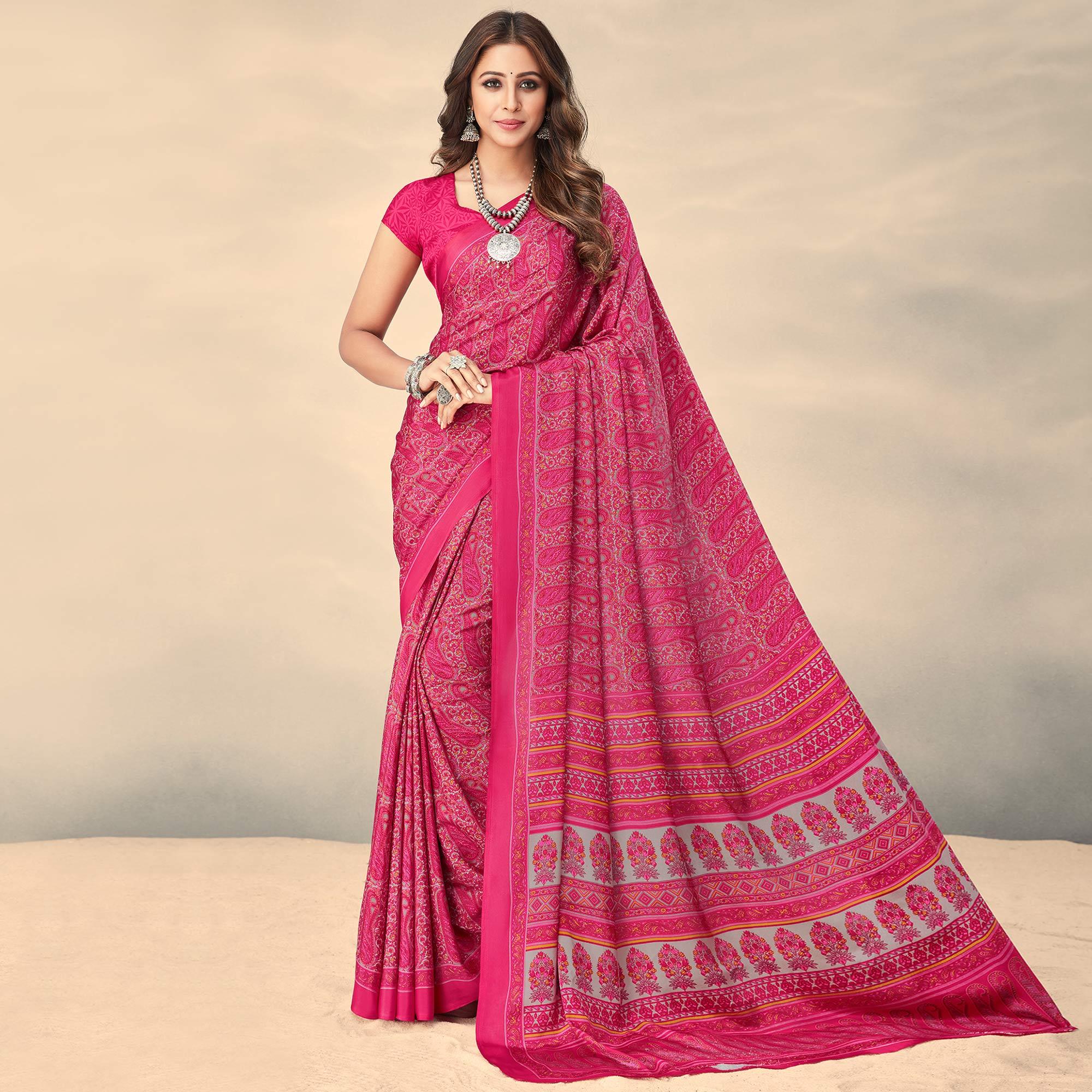 Rose Pink Printed Crepe Saree - Peachmode