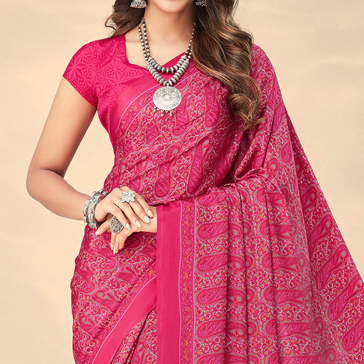 Rose Pink Printed Crepe Saree - Peachmode