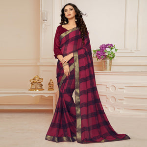 Rose Pink Printed With Woven Border Georgette Saree - Peachmode