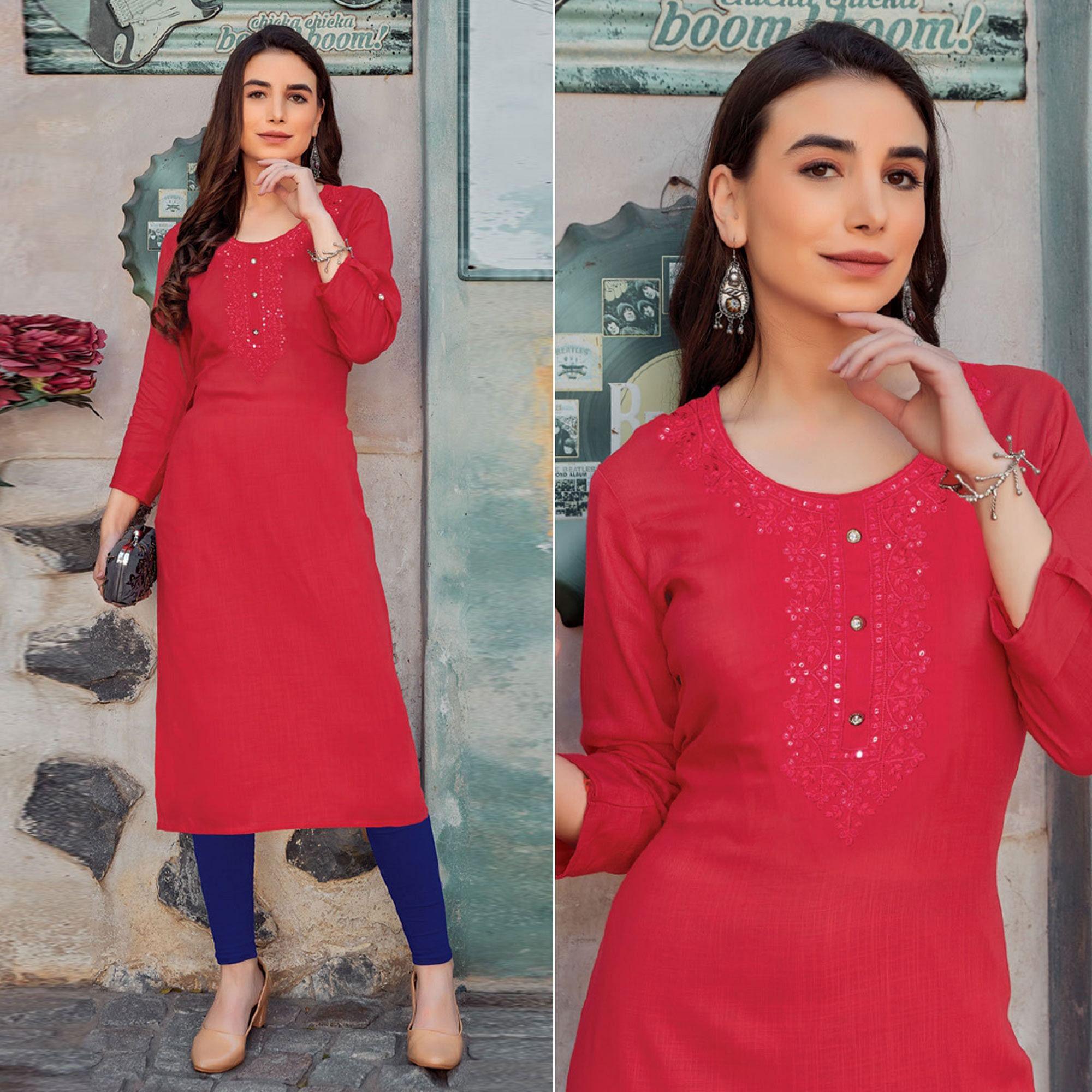 Rose Pink Sequence Embroidered Pure Cotton Kurti - Peachmode