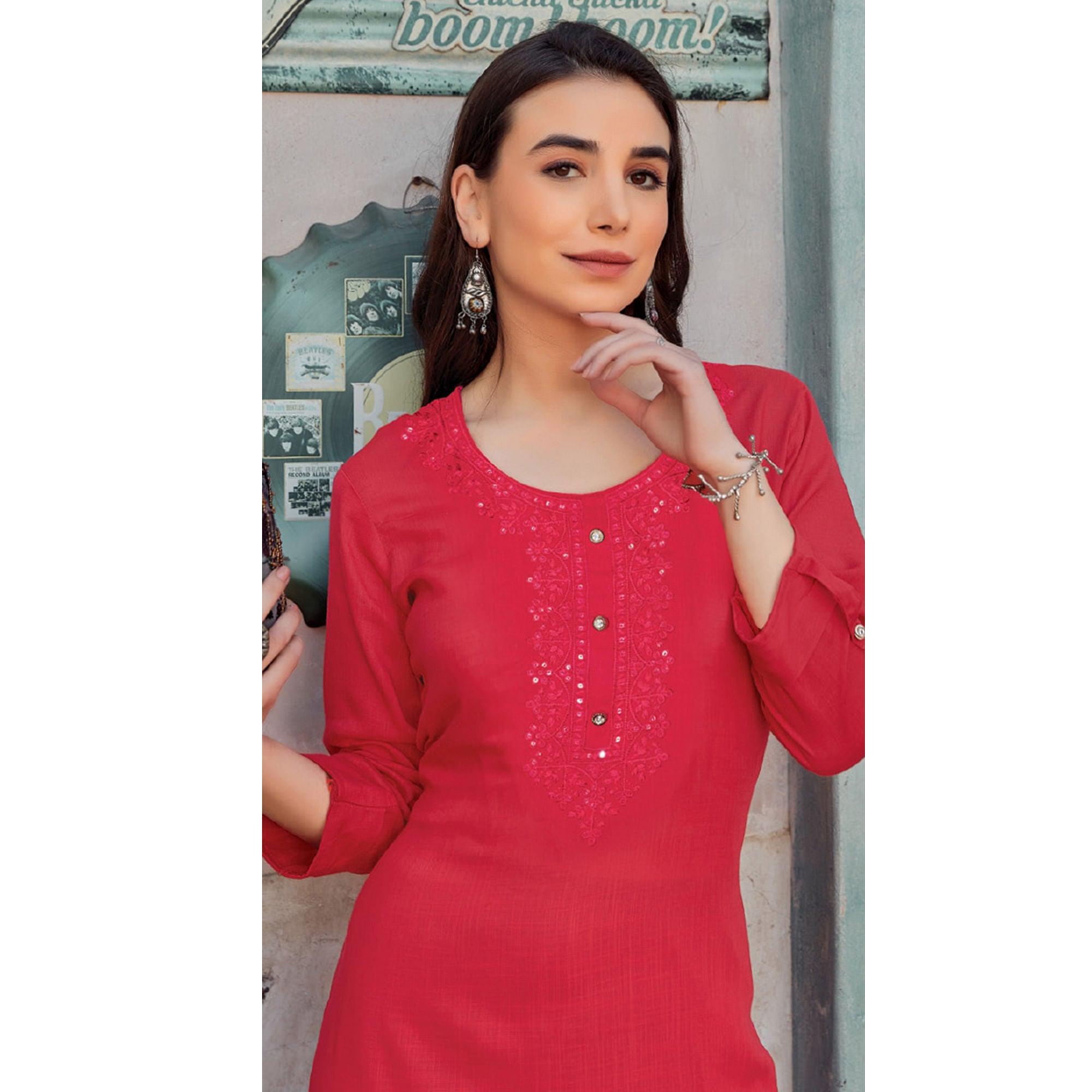 Rose Pink Sequence Embroidered Pure Cotton Kurti - Peachmode
