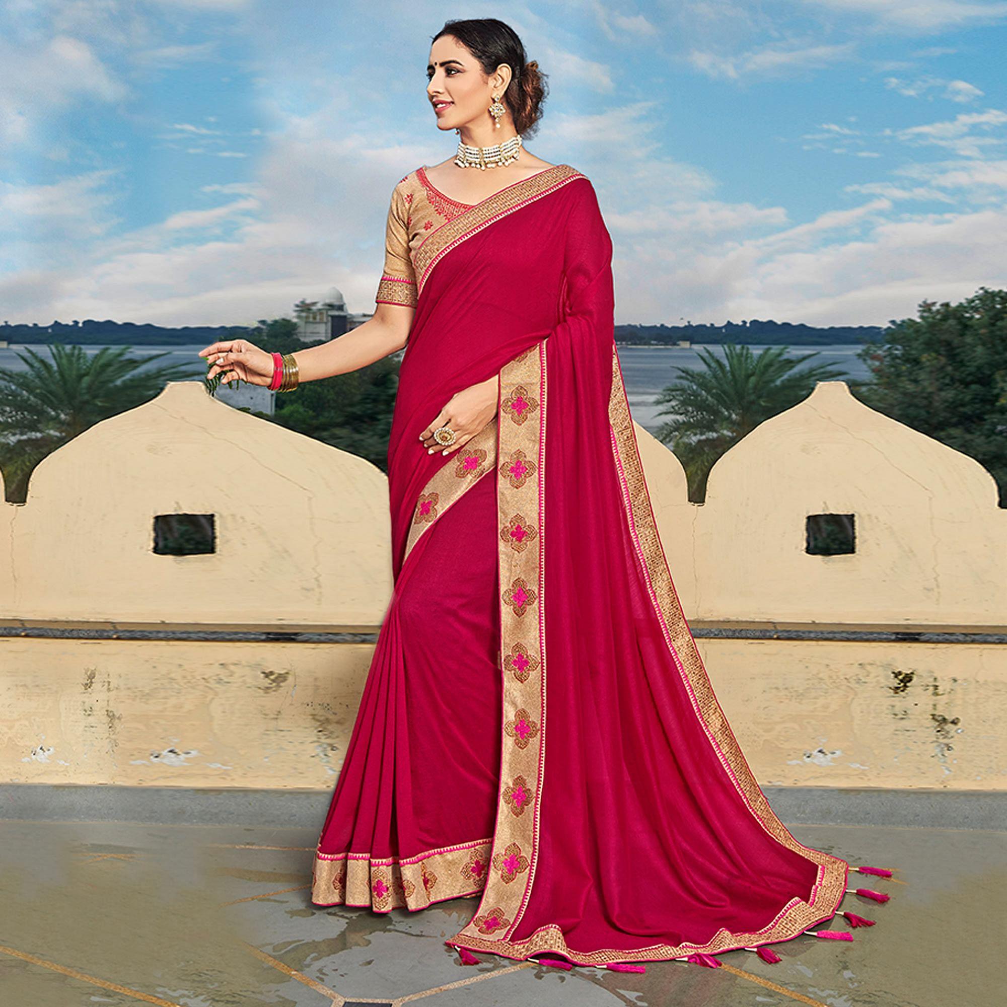 Rose Pink Solid-Embroidered Border Vichitra Silk Saree With Tassels - Peachmode