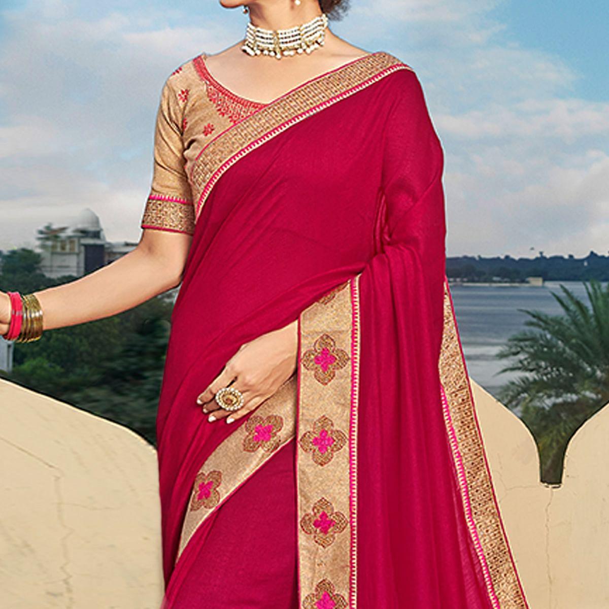 Rose Pink Solid-Embroidered Border Vichitra Silk Saree With Tassels - Peachmode