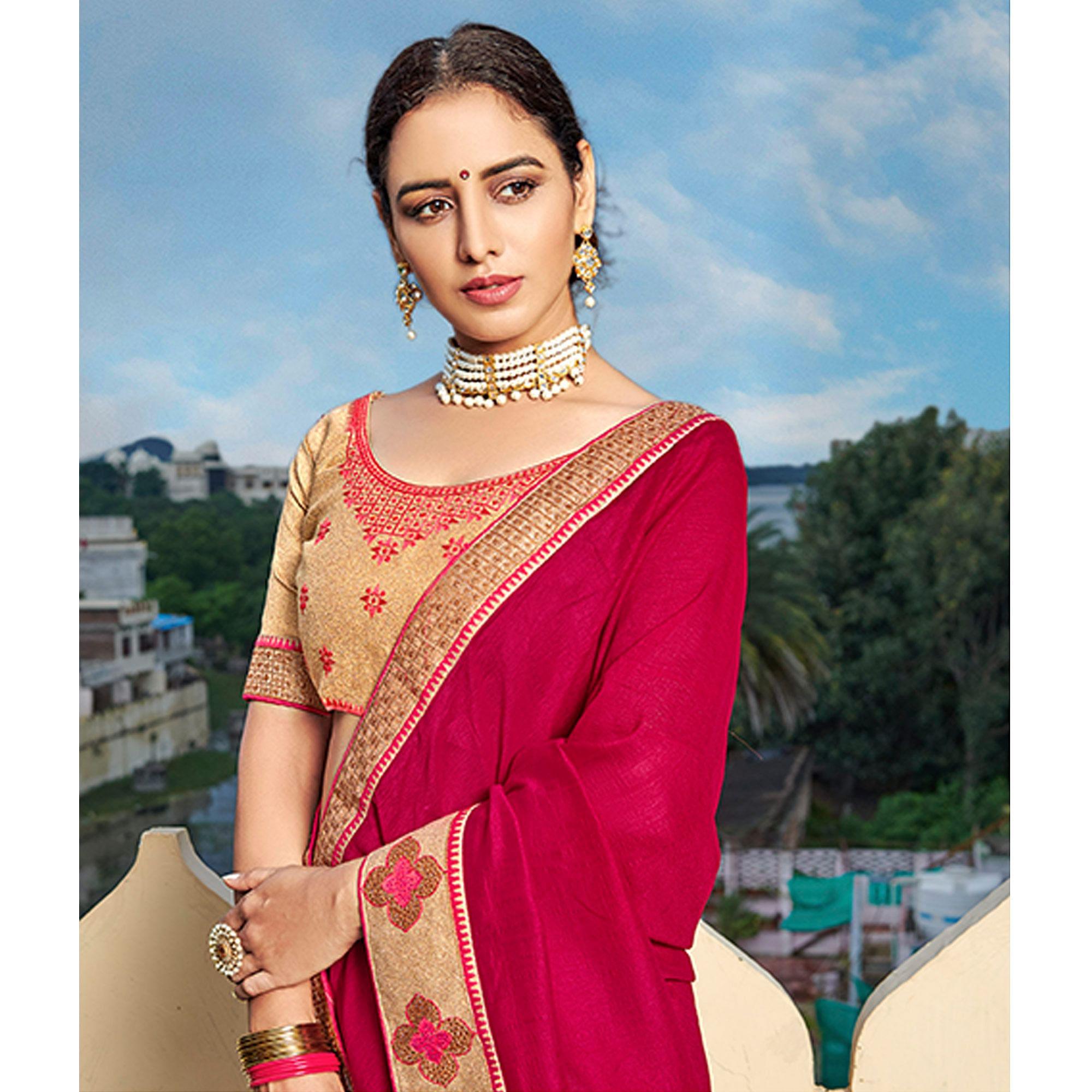 Rose Pink Solid-Embroidered Border Vichitra Silk Saree With Tassels - Peachmode