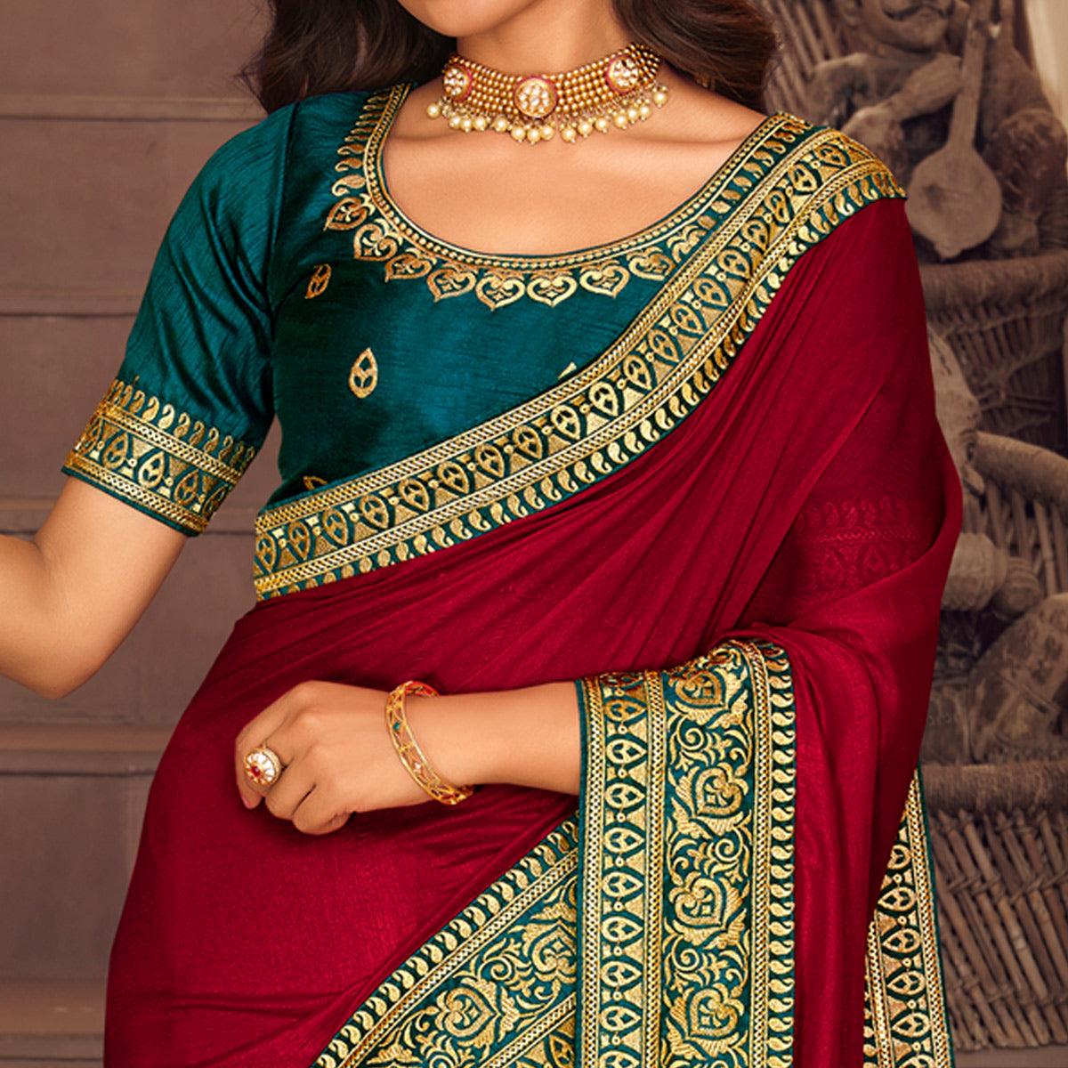 Rose Pink Solid Vichitra Silk Saree With Tassels - Peachmode