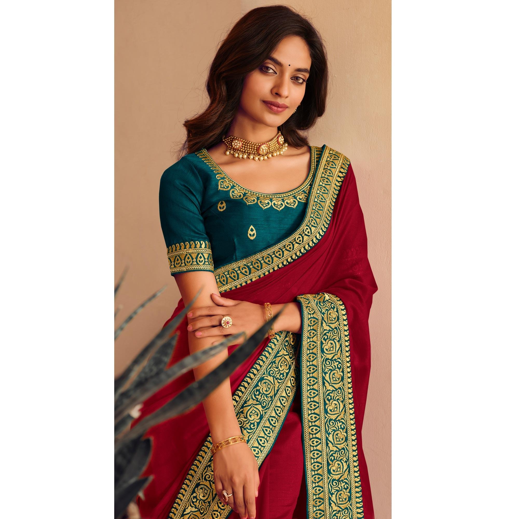 Rose Pink Solid Vichitra Silk Saree With Tassels - Peachmode