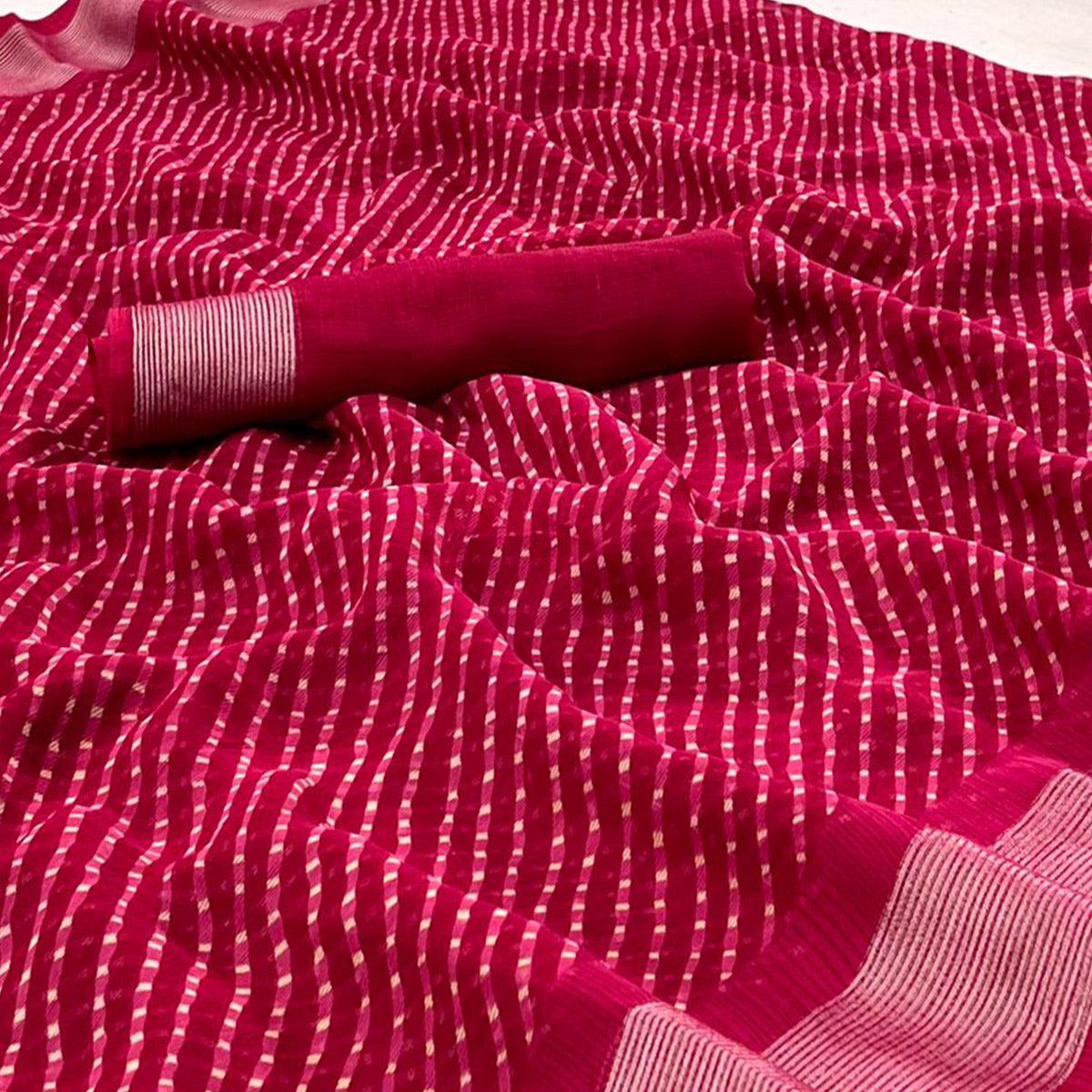 Rose Pink Stripes Printed Chiffon Saree - Peachmode