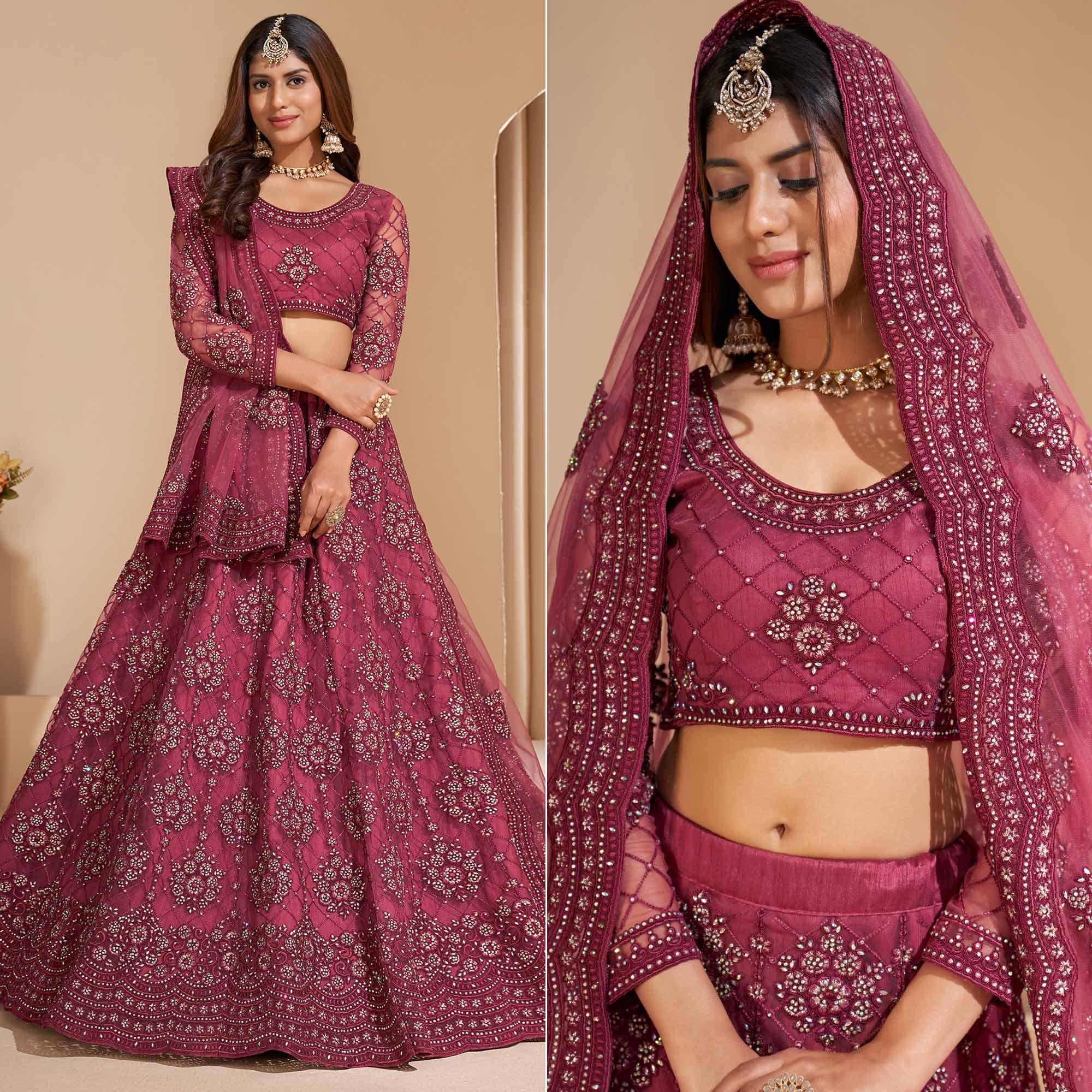 Rose Pink Wedding Wear Embroidered With Embellished Net Lehenga Choli - Peachmode