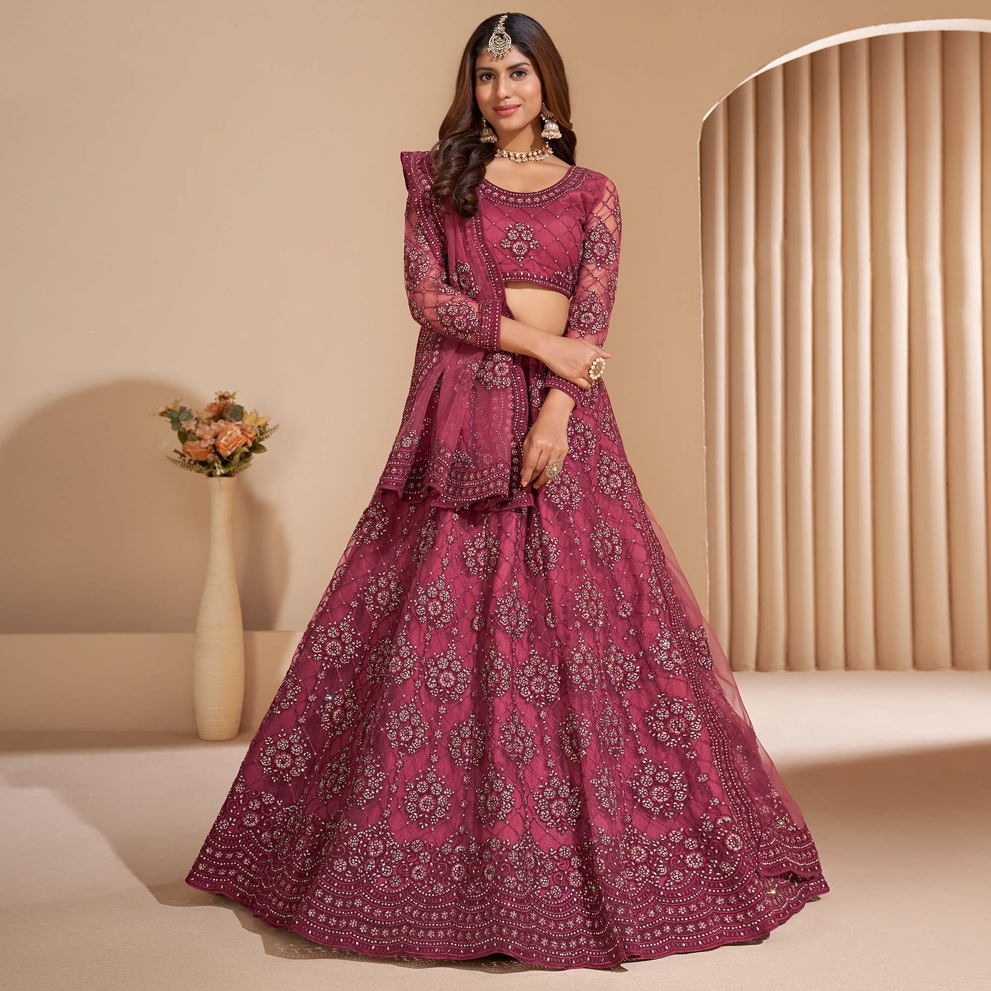 Rose Pink Wedding Wear Embroidered With Embellished Net Lehenga Choli - Peachmode