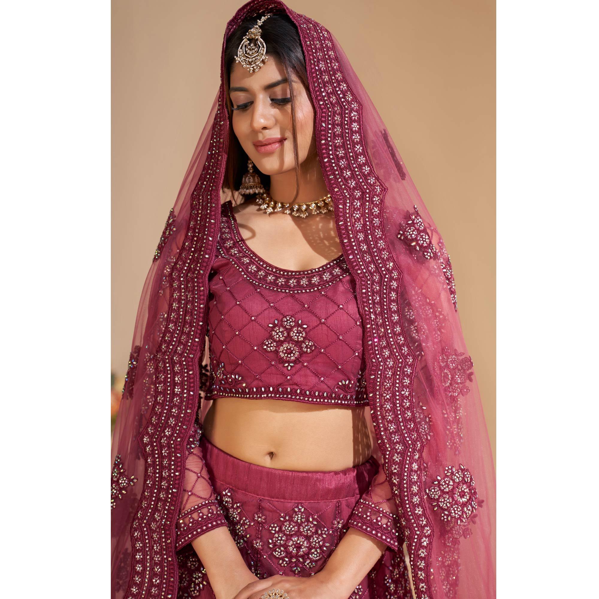 Rose Pink Wedding Wear Embroidered With Embellished Net Lehenga Choli - Peachmode