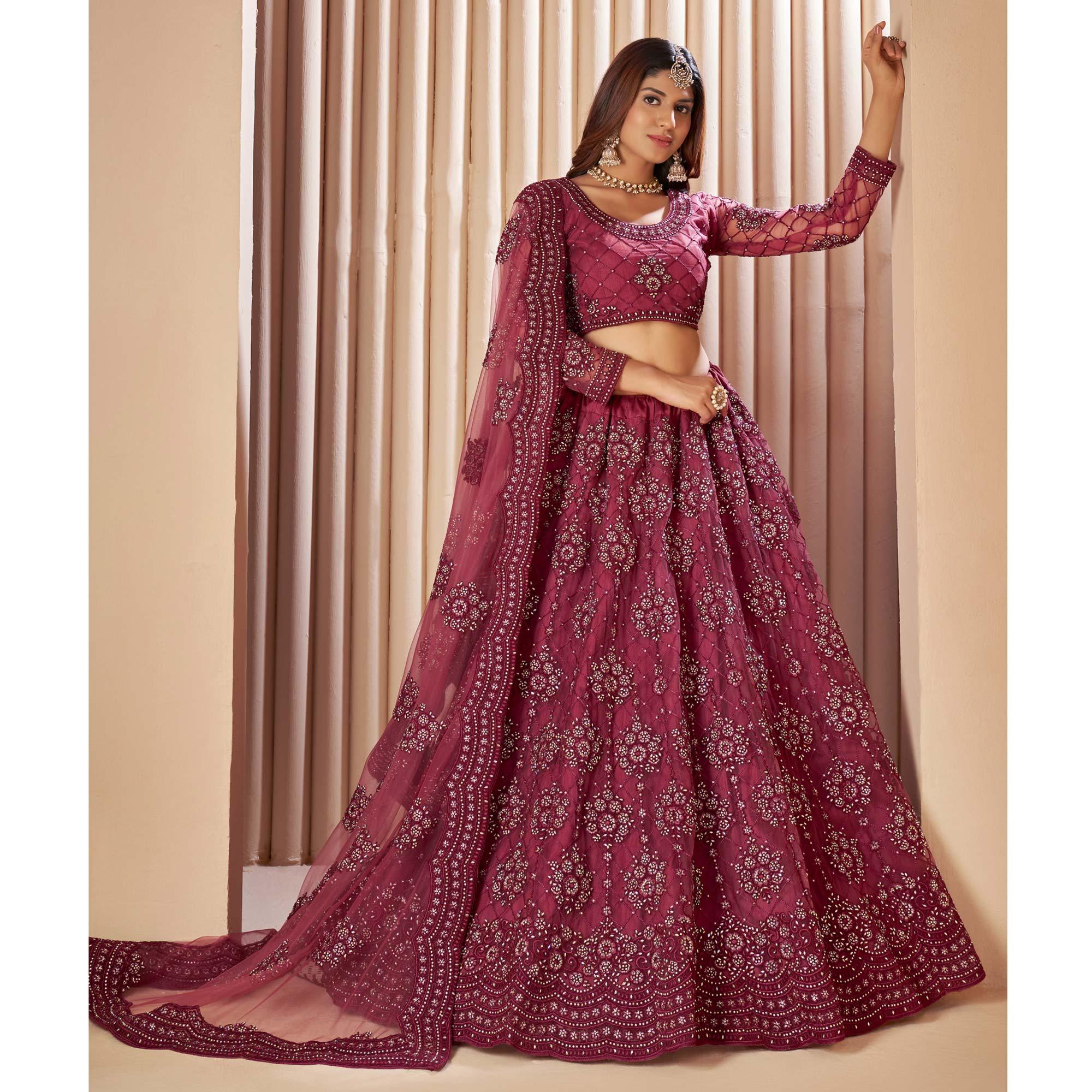 Rose Pink Wedding Wear Embroidered With Embellished Net Lehenga Choli - Peachmode