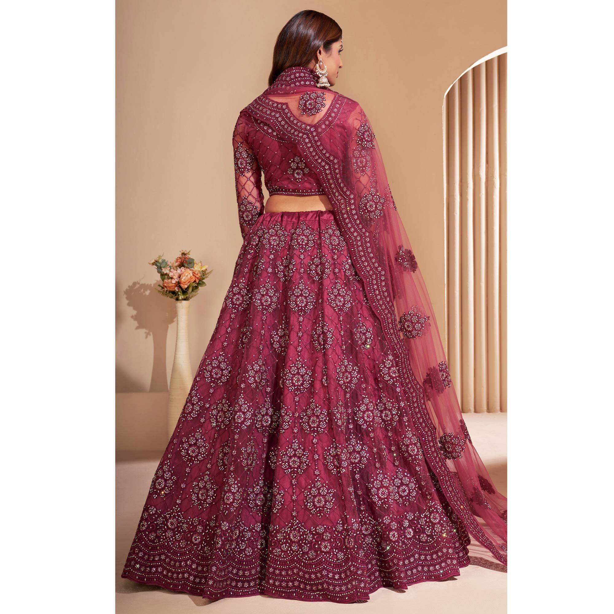 Rose Pink Wedding Wear Embroidered With Embellished Net Lehenga Choli - Peachmode