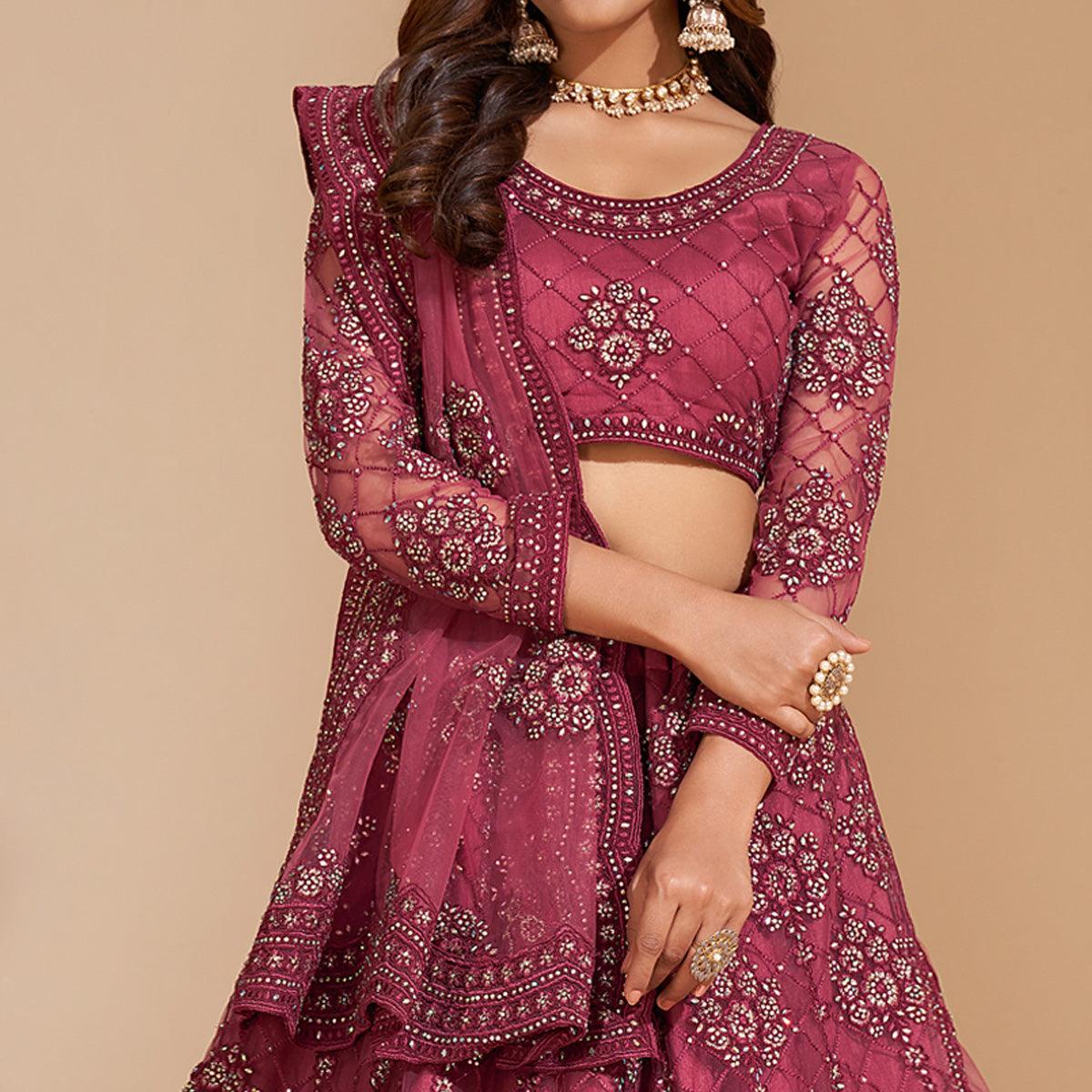 Rose Pink Wedding Wear Embroidered With Embellished Net Lehenga Choli - Peachmode