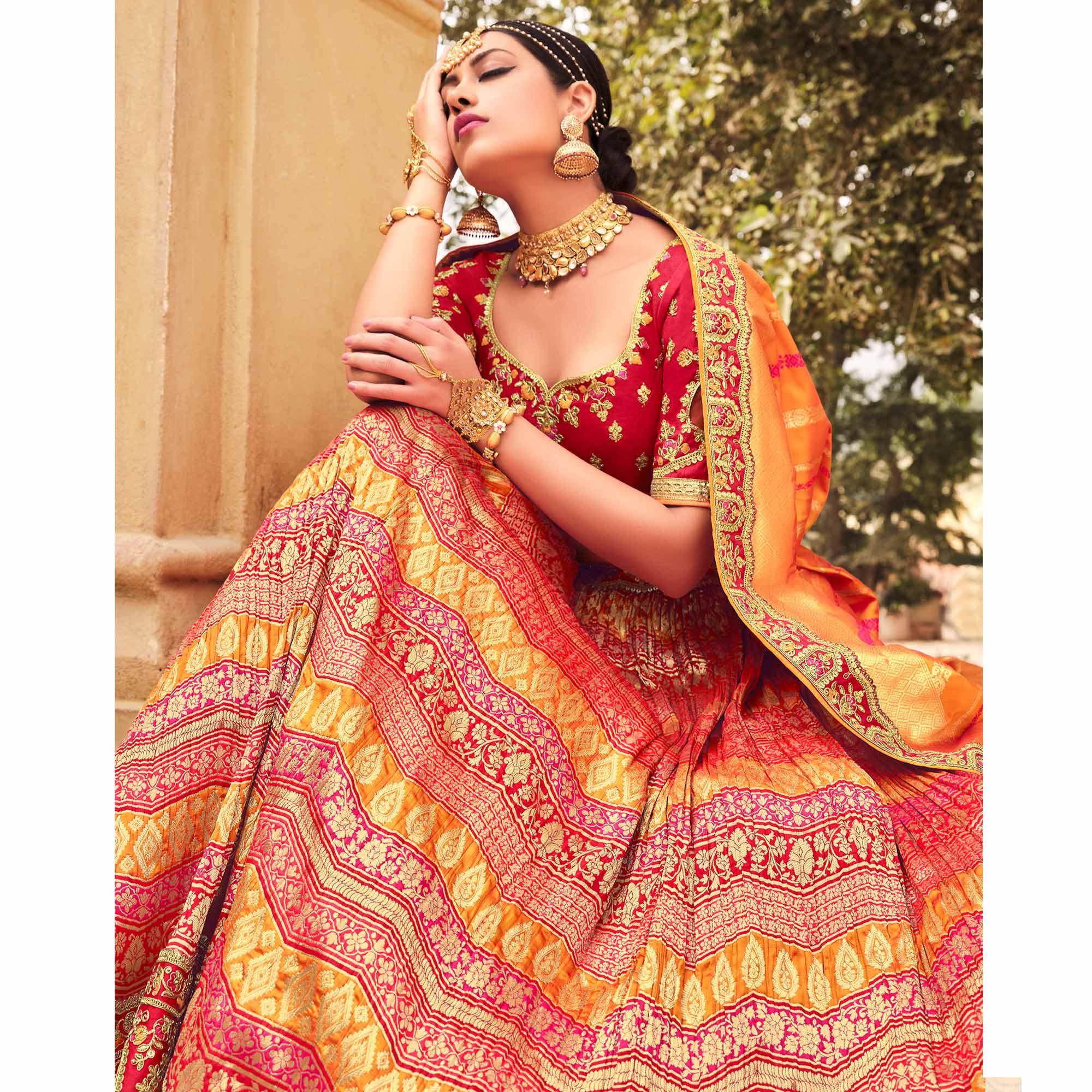 Rose Pink Wedding Wear Woven-Embellished Banarasi Silk Lehenga Choli - Peachmode
