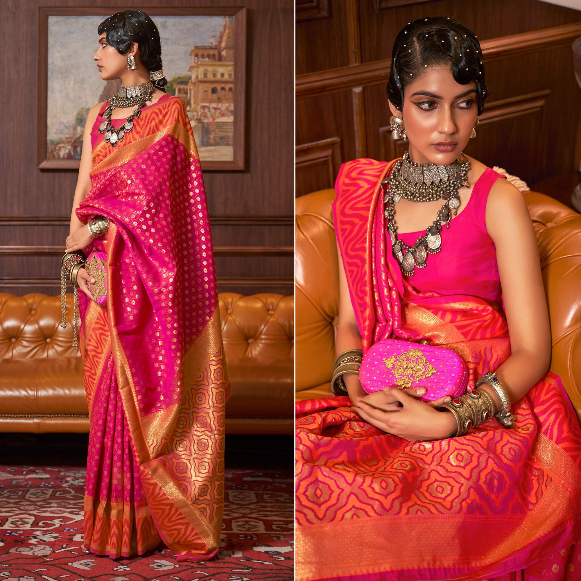 Rose Pink Woven Art Silk Saree - Peachmode