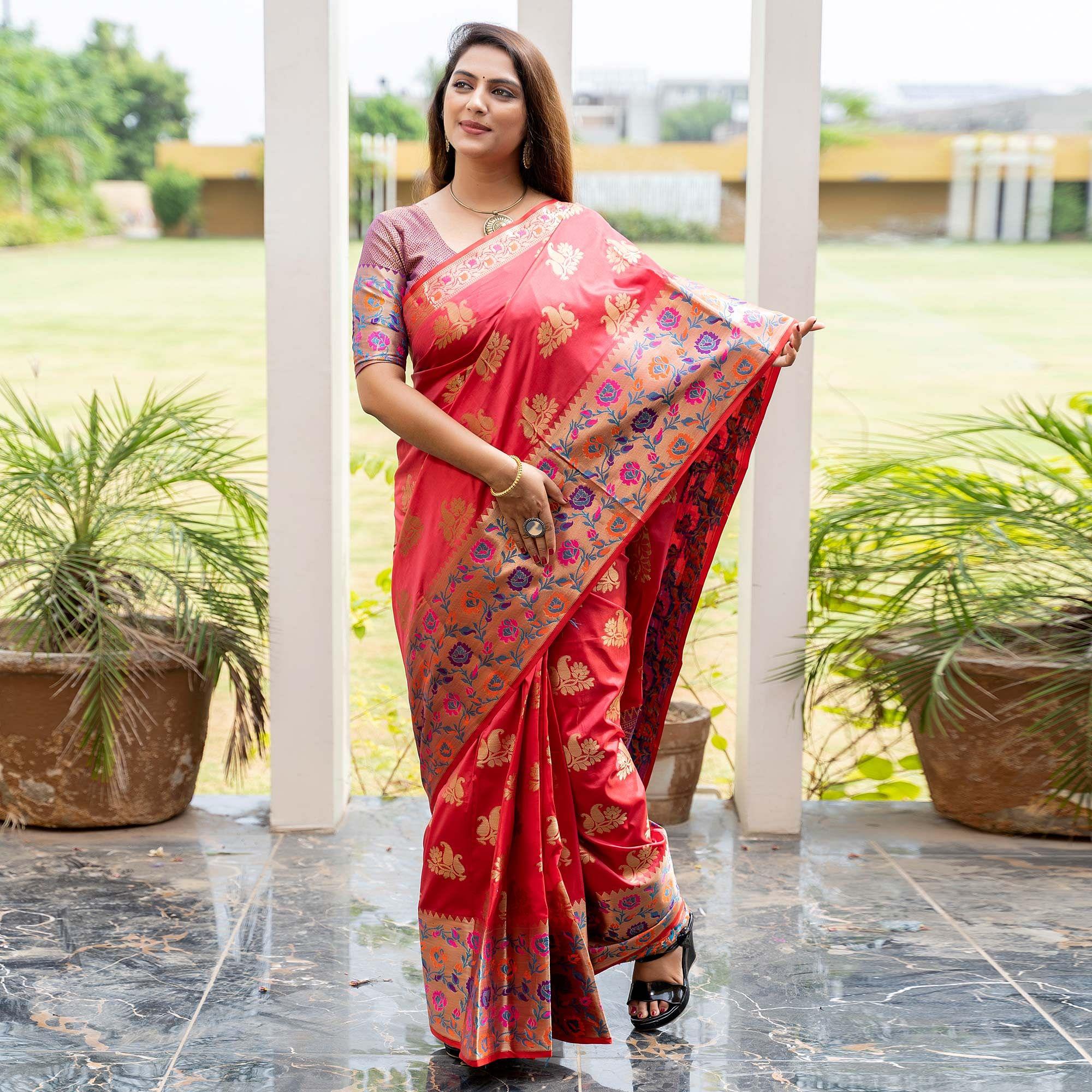 Rose Pink Woven Art Silk Saree - Peachmode