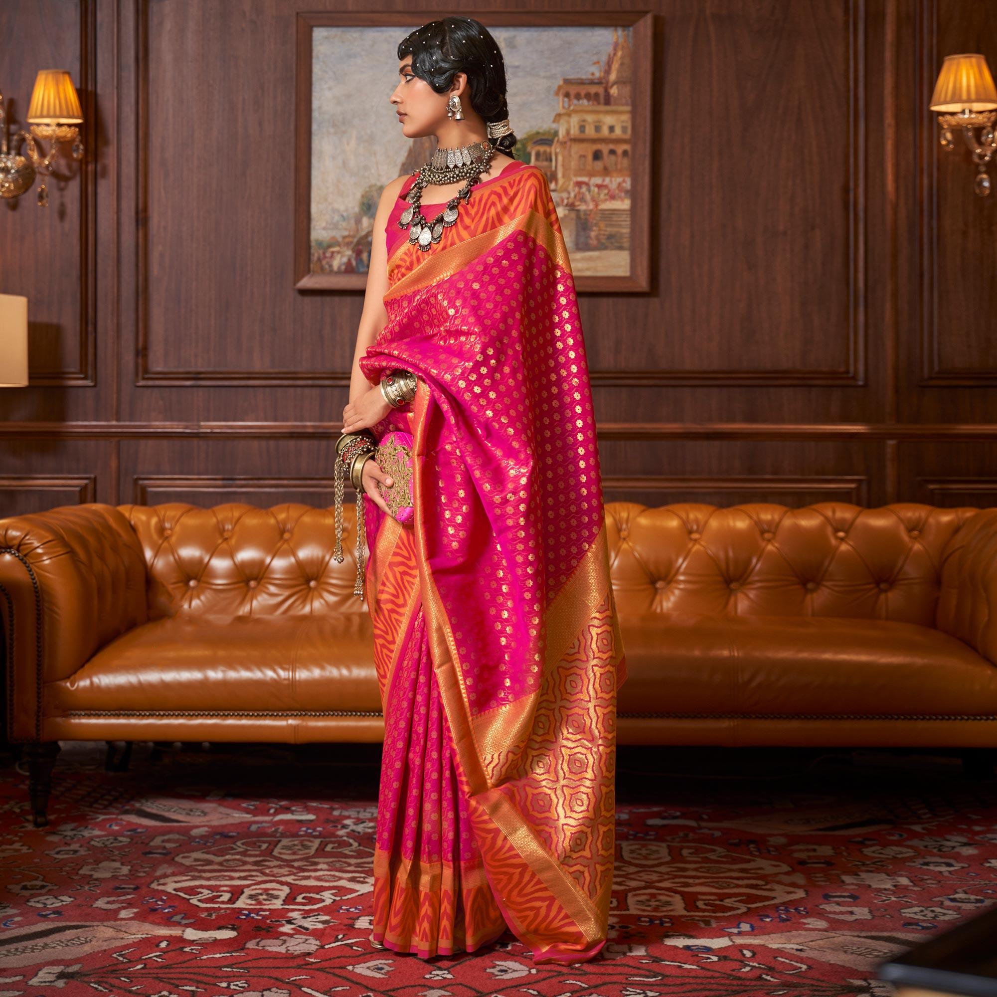 Rose Pink Woven Art Silk Saree - Peachmode