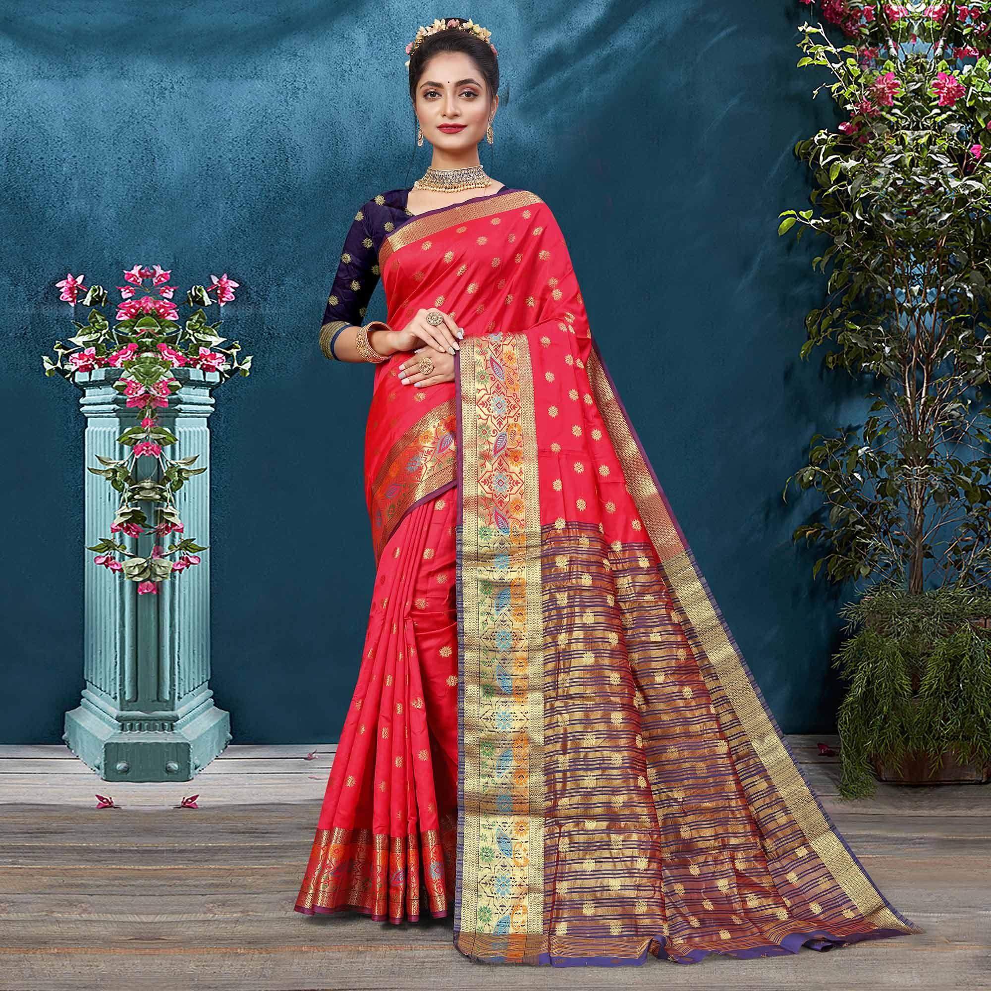 Rose Pink Woven Art Silk Saree - Peachmode